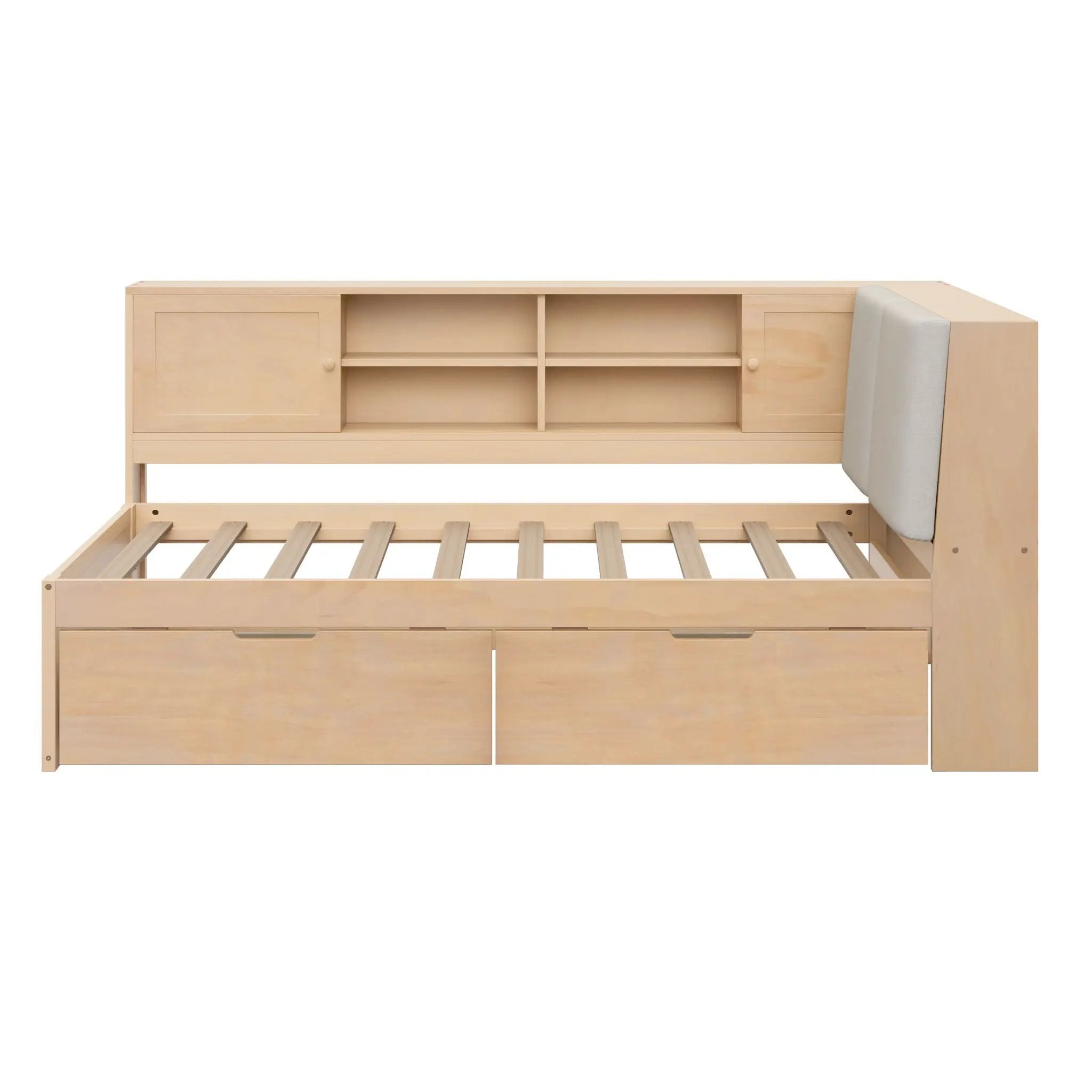 Twin L - Shaped Daybed With Storage Bookcase, Upholstered Headboard, USB Charging Ports & Hidden Drawers - Natural by HouseOfZazla
