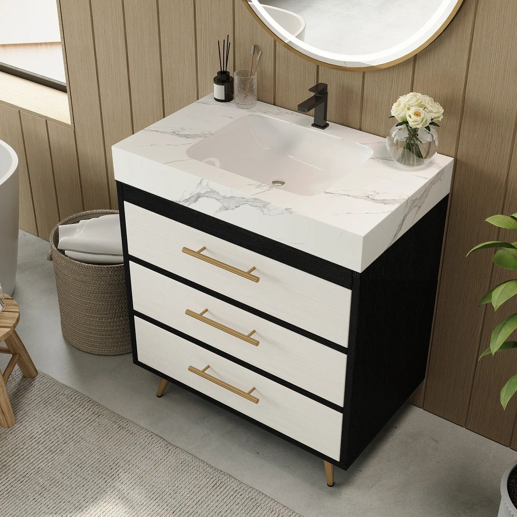 Modern Free-Standing Bathroom Vanity with Ceramic Vessel Sink & Durable Sintered Stone Top by HouseOfZazla