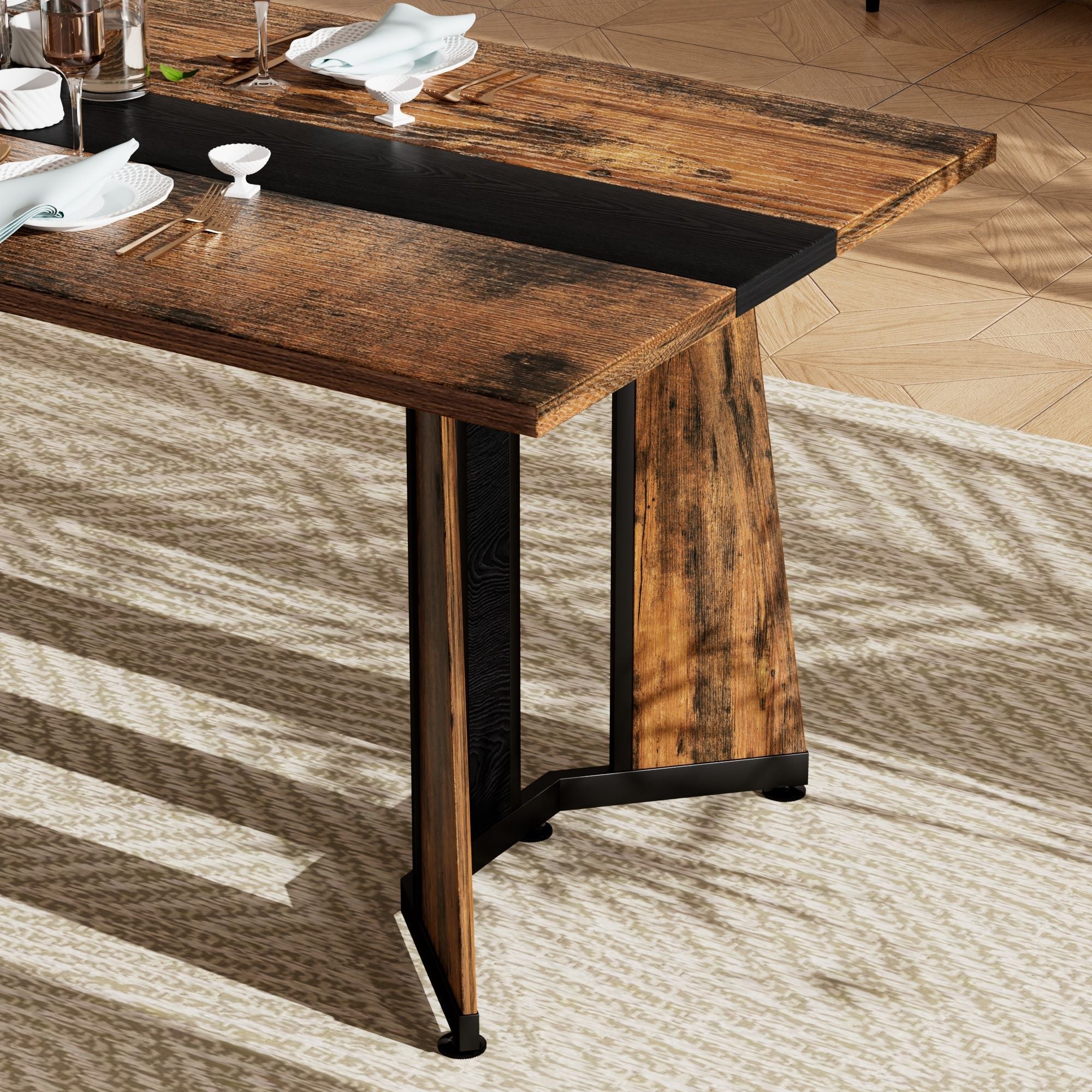 Rustic Rectangular Large Dining Table, Waterproof Desk For 8 People, & Steel With Adjustable Legs - Black / Rustic Brown by HouseOfZazla
