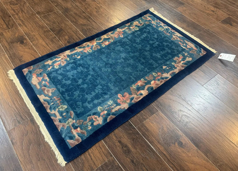 Blue Chinese Wool Rug 2.5 x 4, Peking Rug, Fete Rug, Semi Antique Chinese Carpet by Jewel Rugs