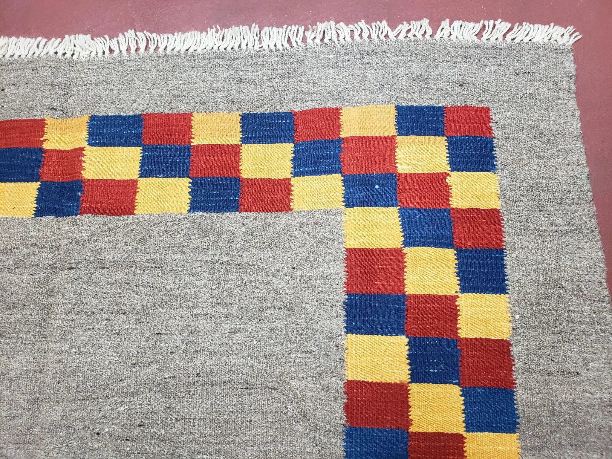 New Turkish Kilim Area Rug, Gray Carpet With Colorful Checker Border, 5'6" x 8", Flatweave Carpet, Playroom Rug, Kids Room Rug, Hand-Knotted by Jewel Rugs