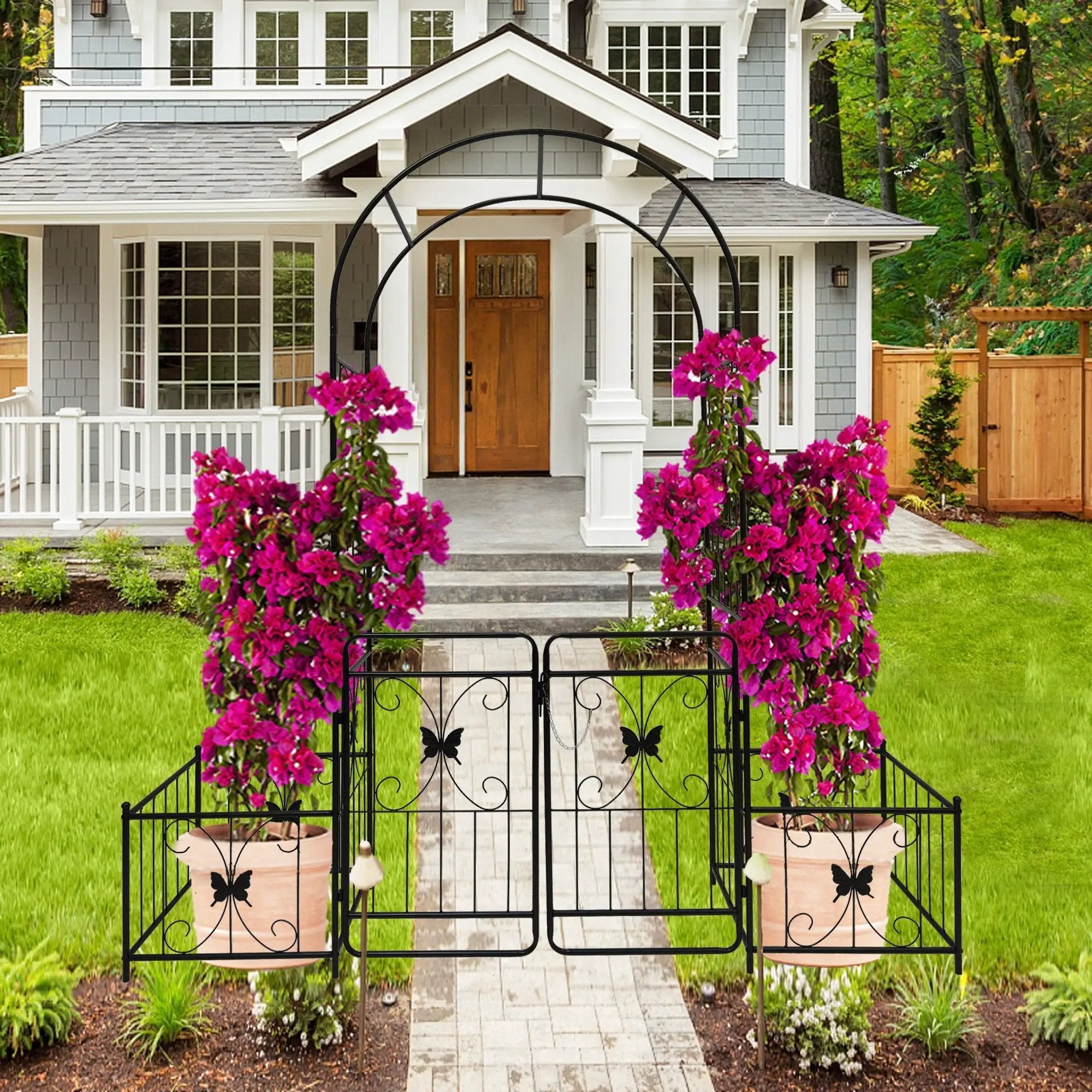 Metal Garden Arch With Gate High Climbing Plants Support Rose Arch Outdoor - Black by HouseOfZazla