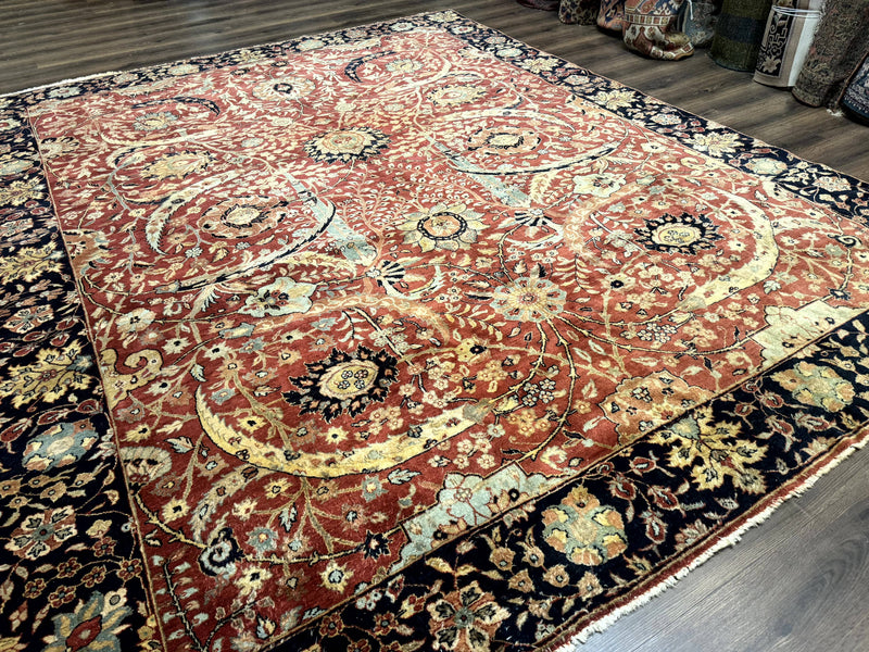 Indian Agra Rug 9x11, Terracotta and Navy Blue, Sickle Leaf Rug by Jewel Rugs