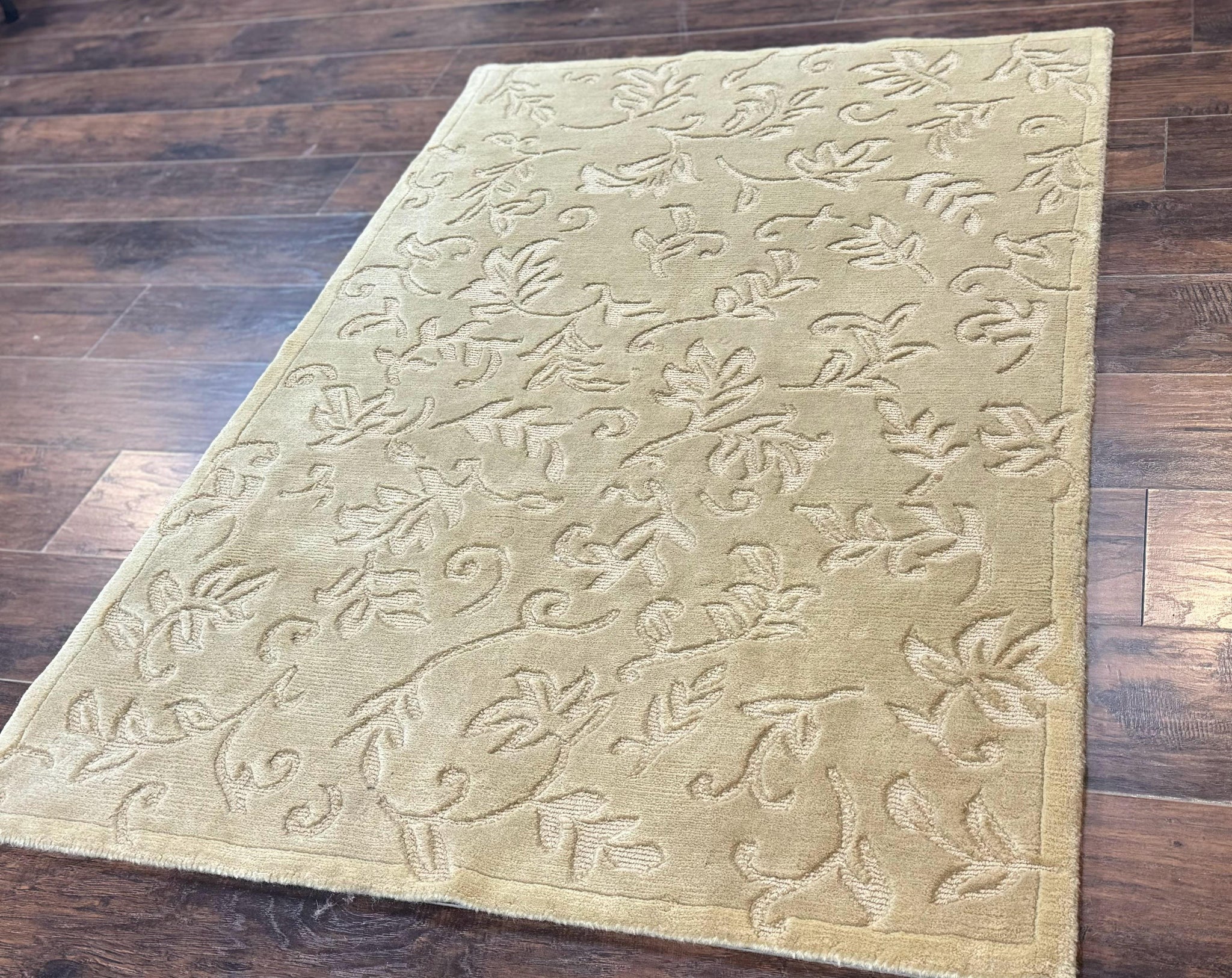 Modern Tibetan Rug 3.7 x 5.5, Carved Floral Design, Wool and Silk Highlights by Jewel Rugs