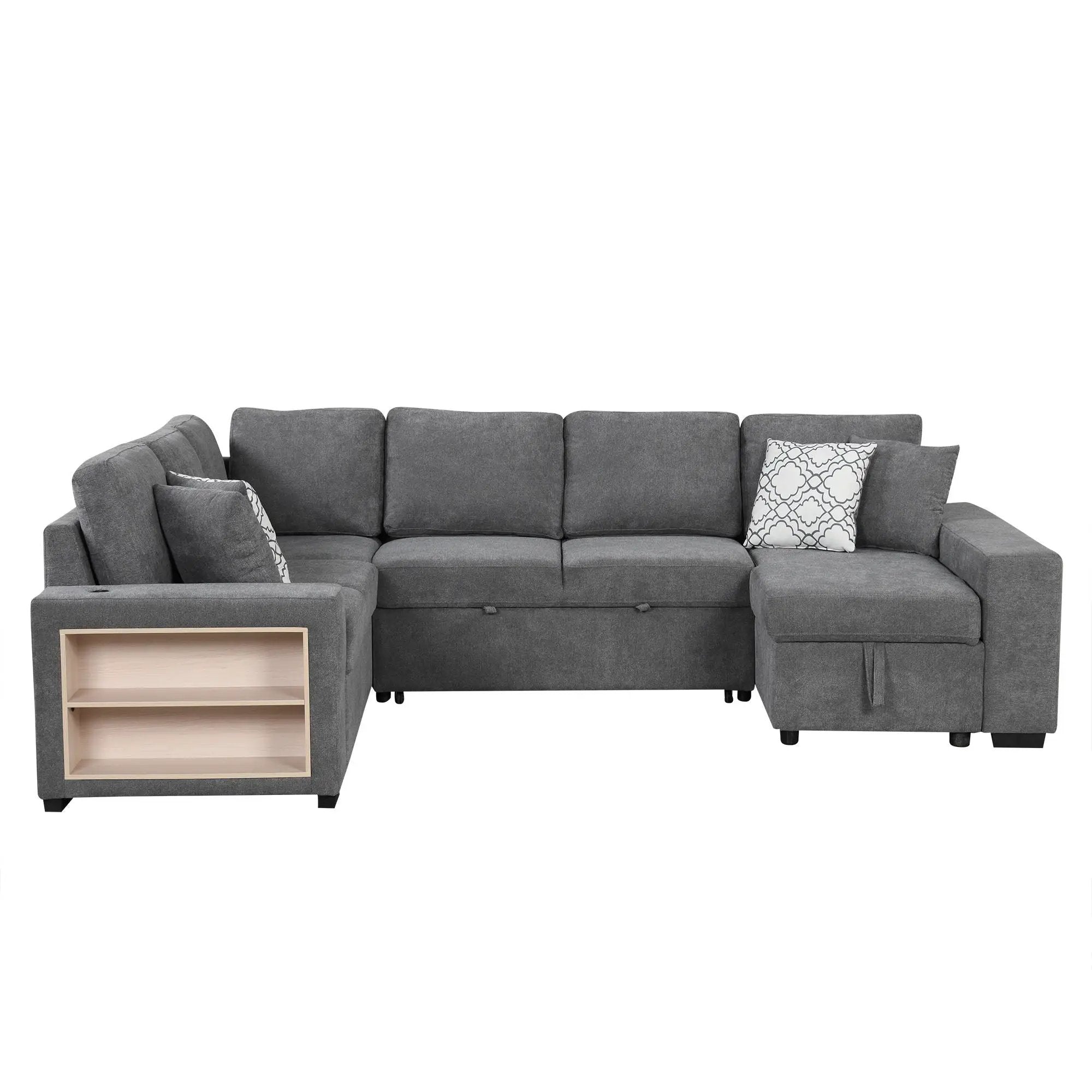 U-Shaped Sectional Sofa Pull-Out Sofa Bed With Two USB Ports, A Storage Chaise Lounge And Four Back Pillows For Living Room by HouseOfZazla