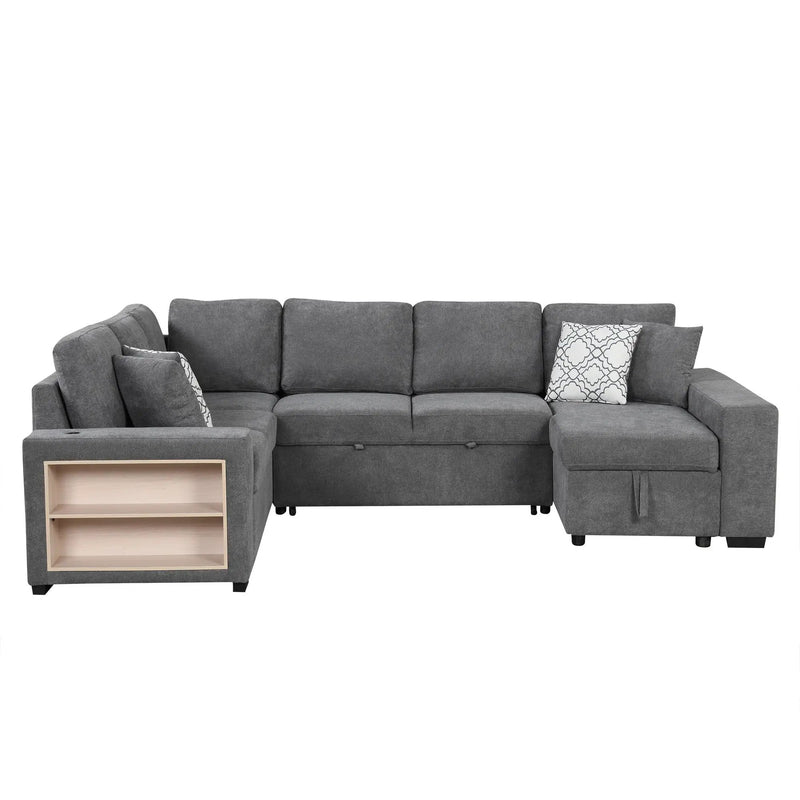 U-Shaped Sectional Sofa Pull-Out Sofa Bed With Two USB Ports, A Storage Chaise Lounge And Four Back Pillows For Living Room by HouseOfZazla