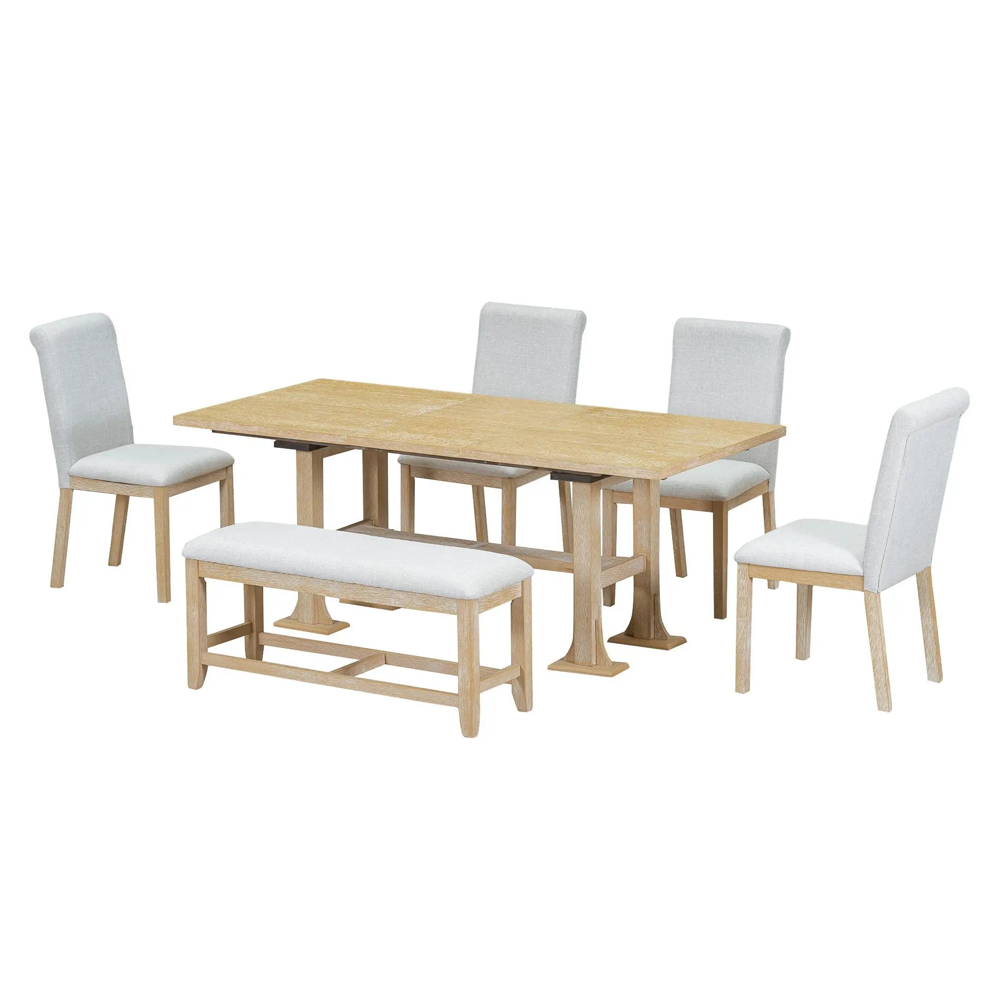 Topmax - 6 Piece Farmhouse Extendable Dining Table Set Trestle Kitchen Table Set With Removable Leaf And Upholstered Dining Chair And Bench For Dining Room by HouseOfZazla
