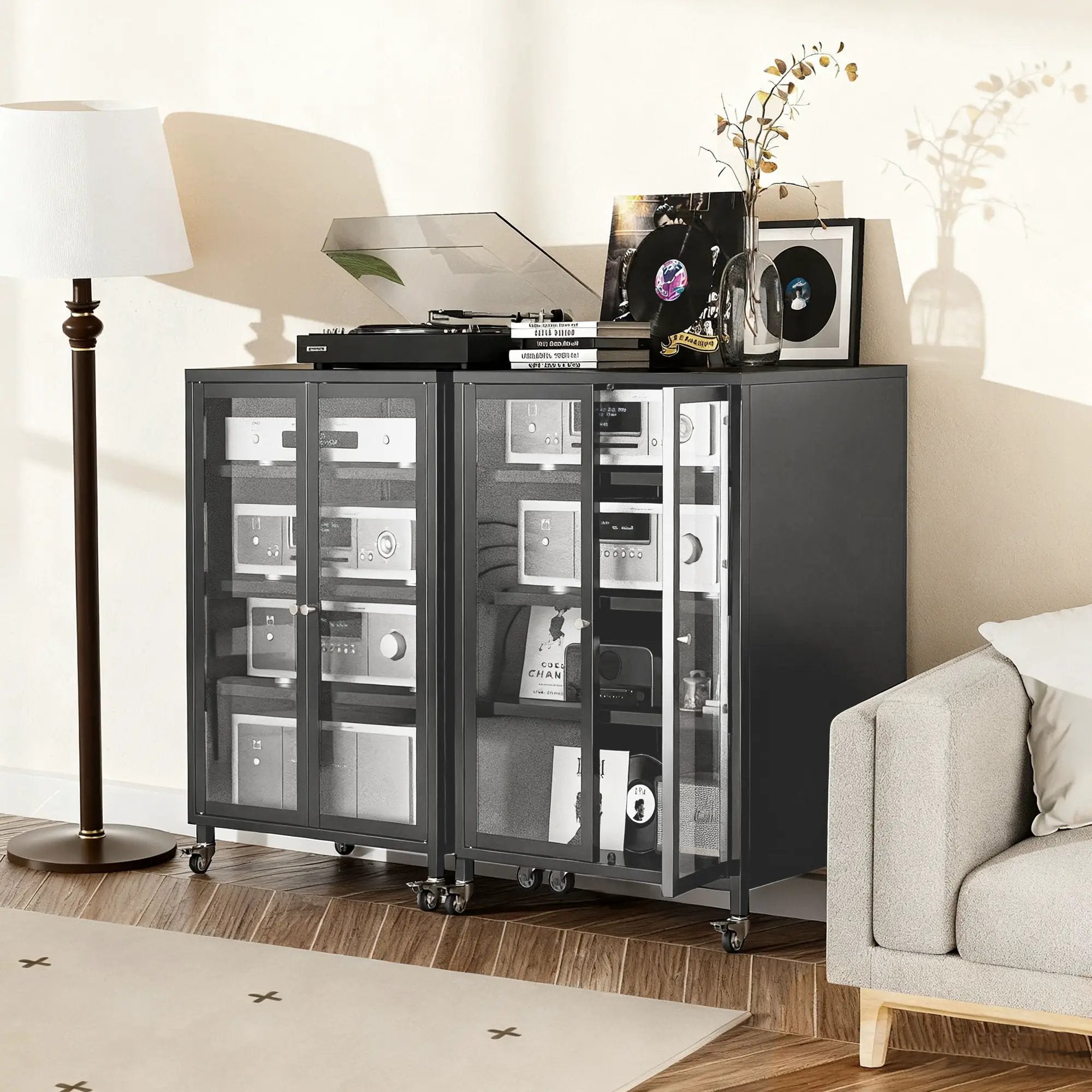 Media Storage Cabinet With Wheels, 4 Adjustable Glass Shelves & Door, Heavy-Duty - Black by Unique Piece Furniture