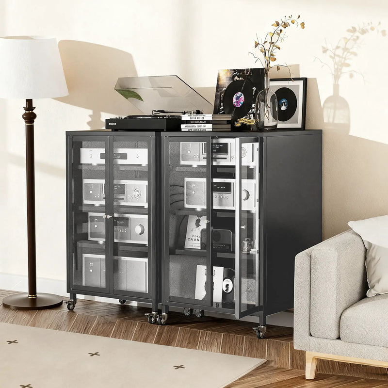 Media Storage Cabinet With Wheels, 4 Adjustable Glass Shelves & Door, Heavy-Duty - Black by HouseOfZazla