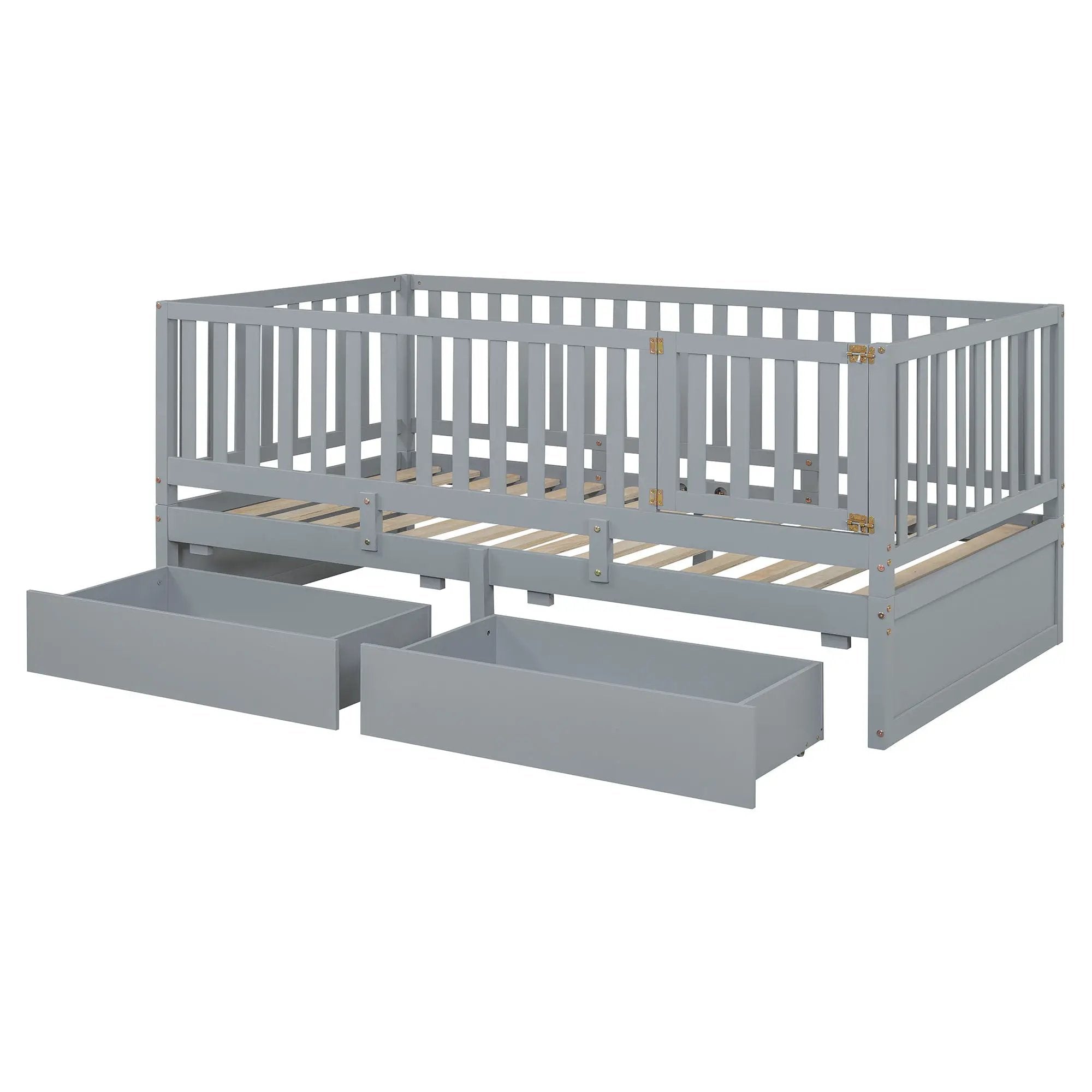 Daybed With Fence Guardrails And 2 Drawers, Split Into Independent Floor Bed & Daybed by HouseOfZazla
