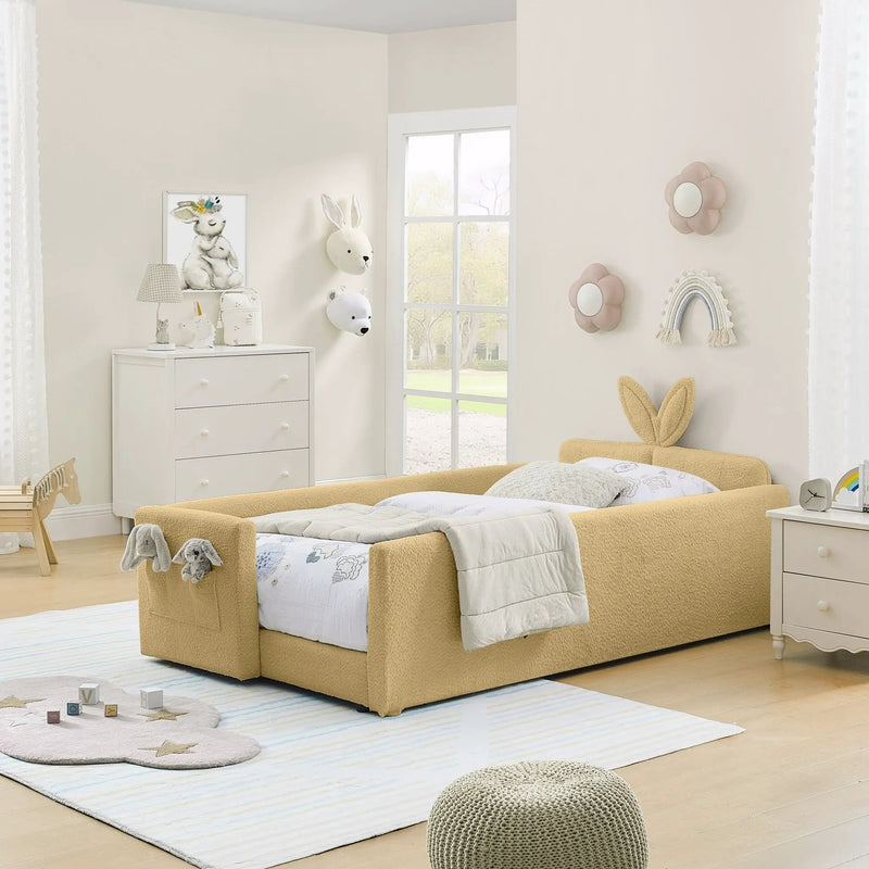 Cute Rabbit Ear Upholstered Platform Bed Frame With Safety Rail by Unique Piece Furniture