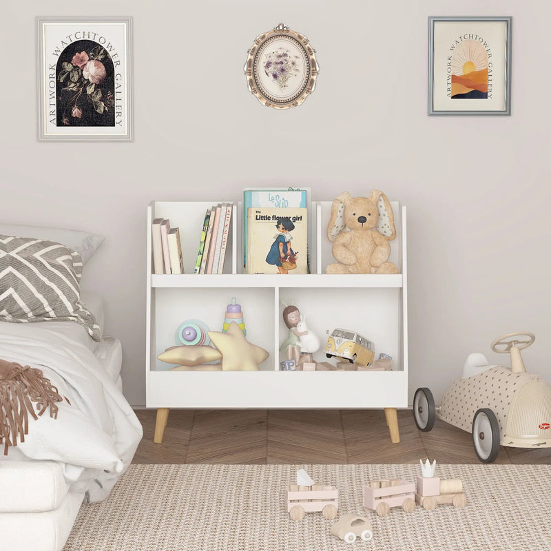 Kids Bookshelf And Toy Organizer, 5 Cubbies Wooden Open Bookcase, 2-Tier Baby Storage Display Organizer With Legs, Free Standing For Playing Room, Bedroom, Nursery, Classroom - White by Unique Piece Furniture