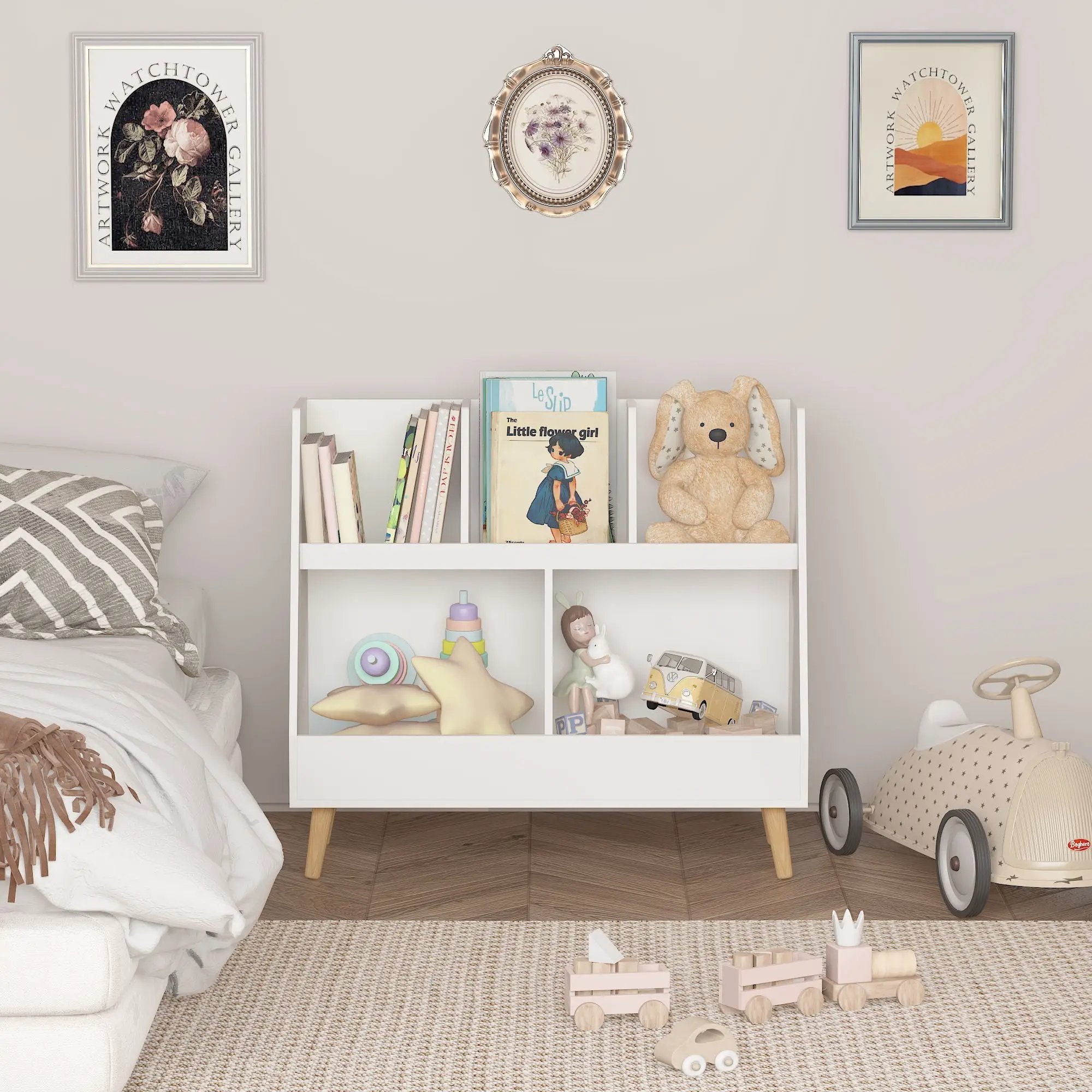 Kids Bookshelf And Toy Organizer, 5 Cubbies Wooden Open Bookcase, 2-Tier Baby Storage Display Organizer With Legs, Free Standing For Playing Room, Bedroom, Nursery, Classroom - White by HouseOfZazla
