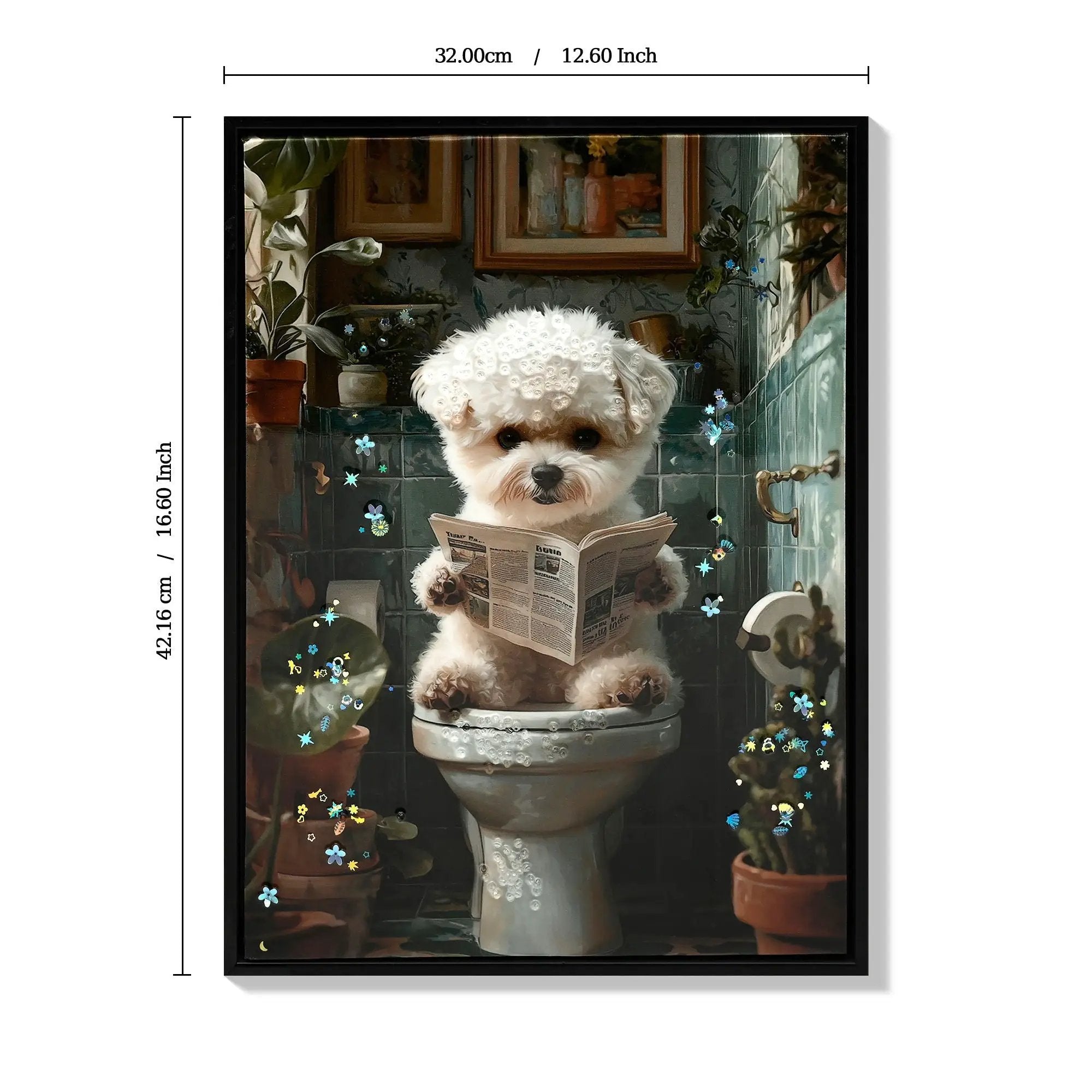 Framed Bathroom Decor, Cute Puppy Wall Art in Picture Frame, 3D Canvas Print - Indigo / White by HouseOfZazla