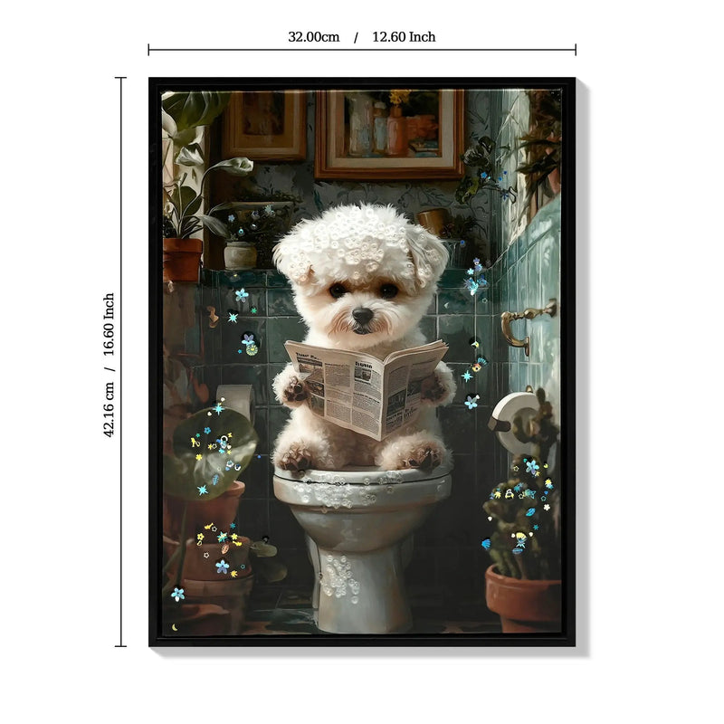 Framed Bathroom Decor, Cute Puppy Wall Art in Picture Frame, 3D Canvas Print - Indigo / White by HouseOfZazla