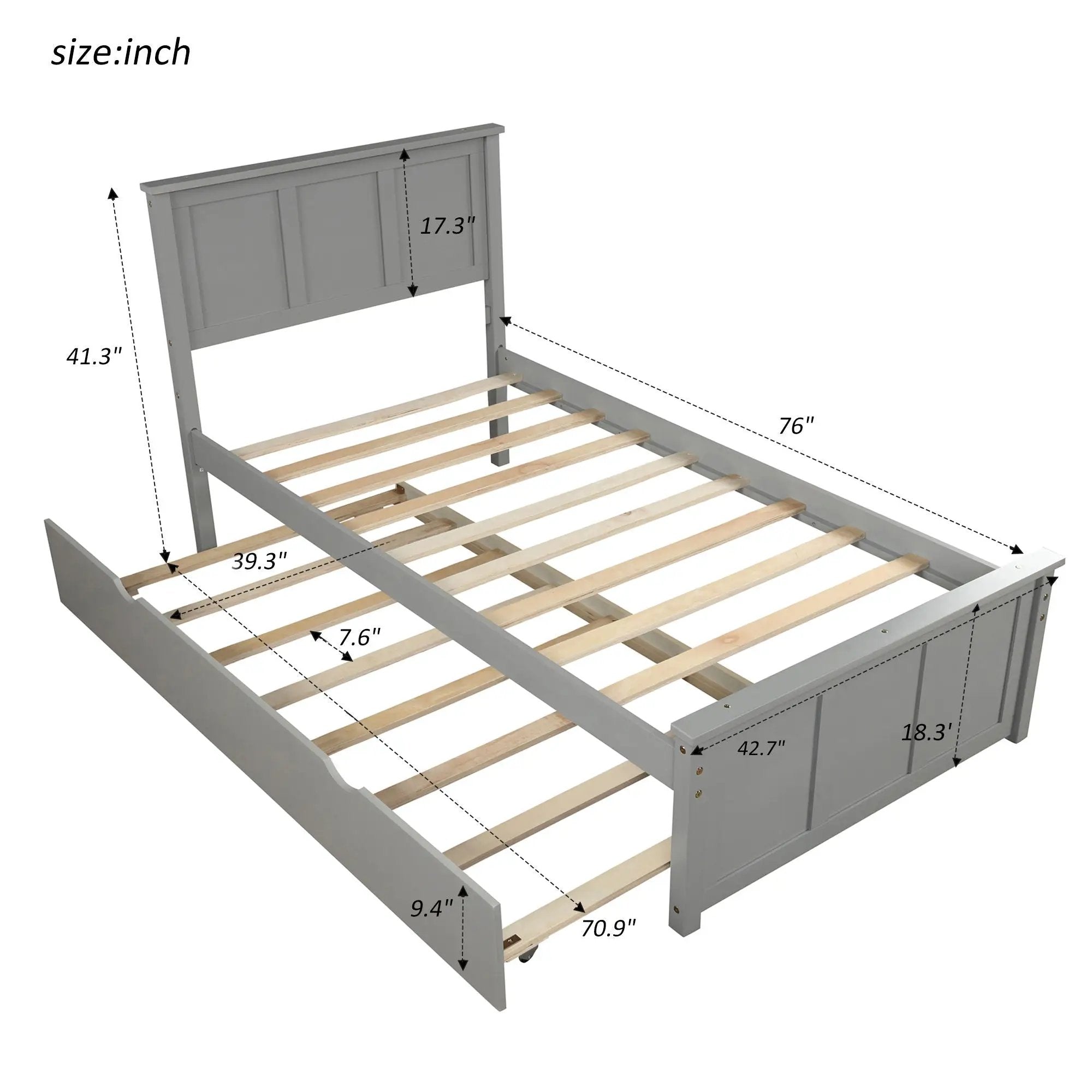 Platform Bed With Twin Trundle And Frame, Twin Size - Gray by Unique Piece Furniture