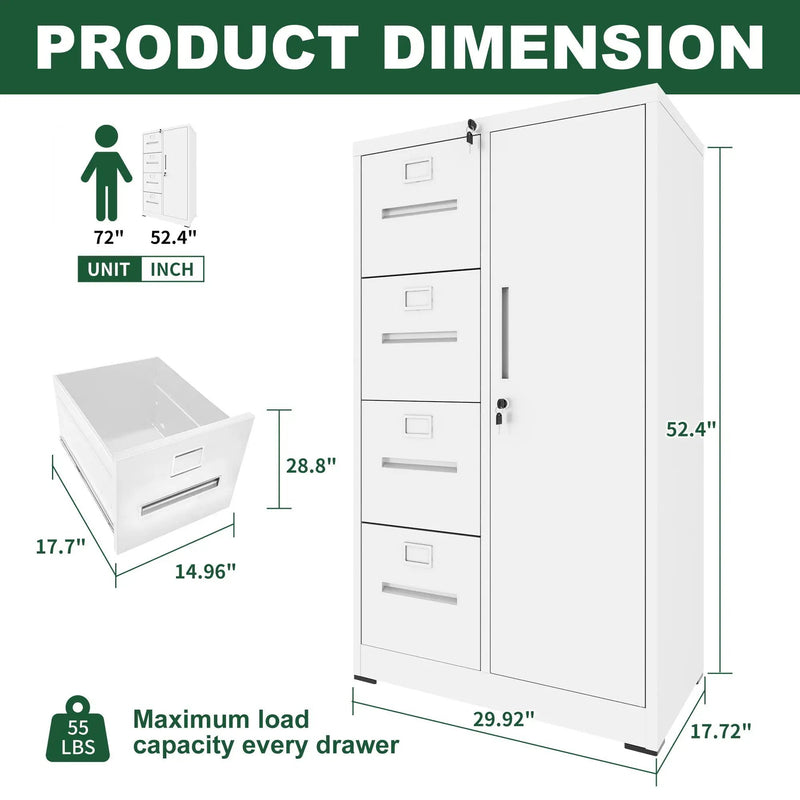 Metal Storage Vertical Filing Cabinet With Lock, 4 Drawers, 1 Door, Steel Construction, School / Office Use by Unique Piece Furniture