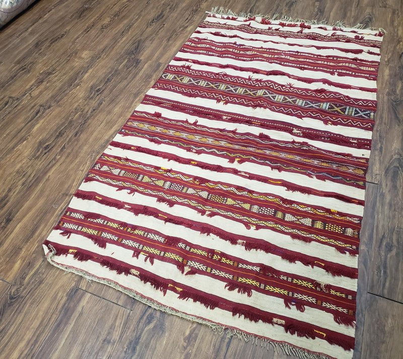 Antique Turkoman Yamud Rug 3x5 ft, 1920s Turkmen Sofreh Table Cover, Bohemian Rug, Tribal Collectible, Striped Rug, Handmade Ivory and Red by Jewel Rugs
