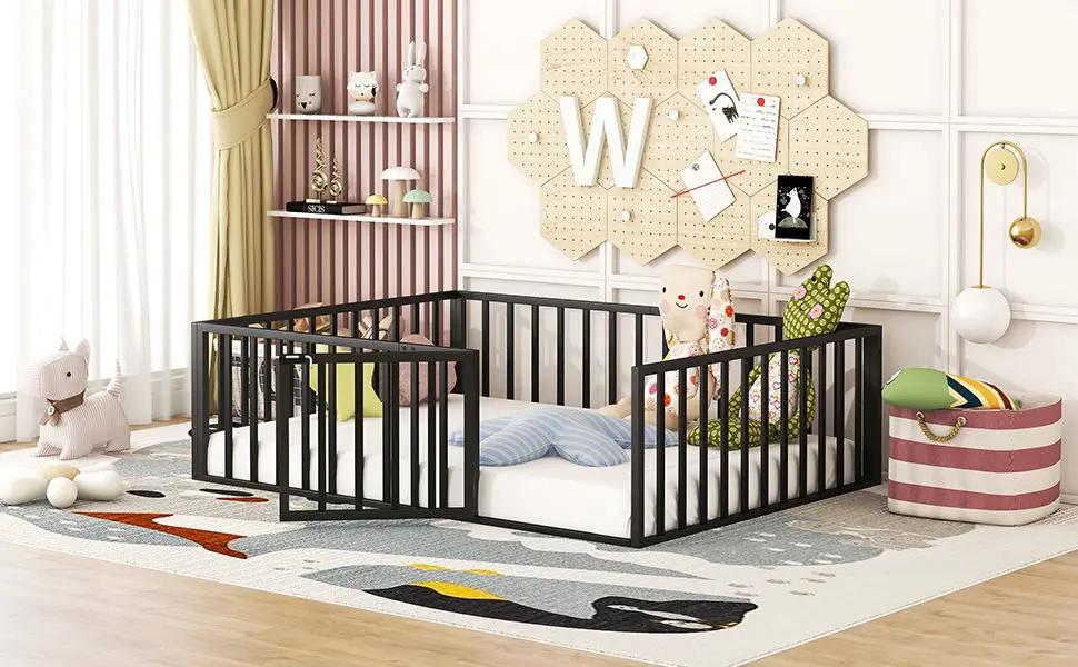 Metal Floor Bed Frame With Fence And Door by HouseOfZazla