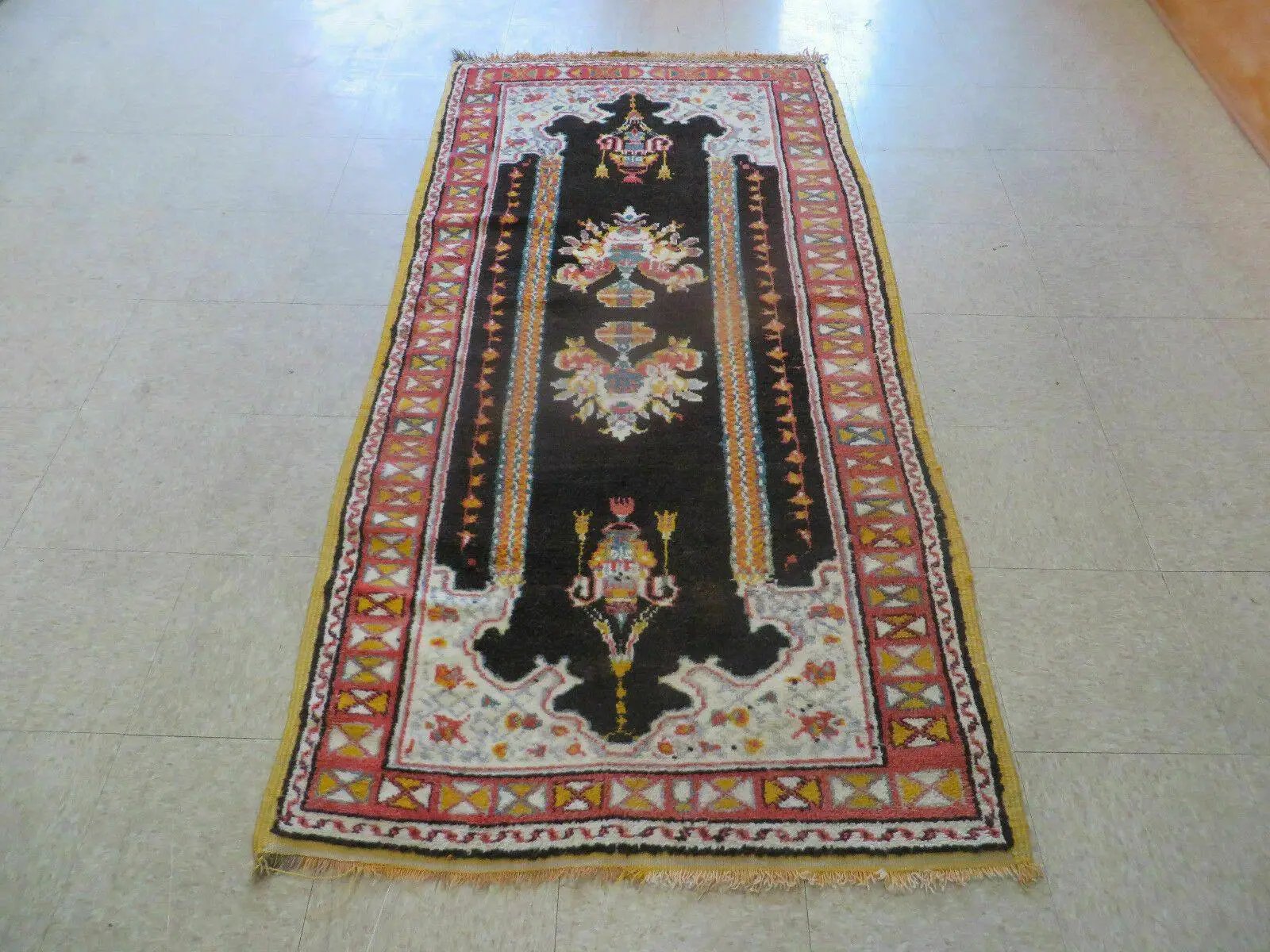 Antique Moroccan Runner Rug 3x7, Moroccan Prayer Rug, Double Mehrab Prayer Arches, Black and Red, Hand-Knotted Wool Carpet, Hallway Rug Nice by Jewel Rugs