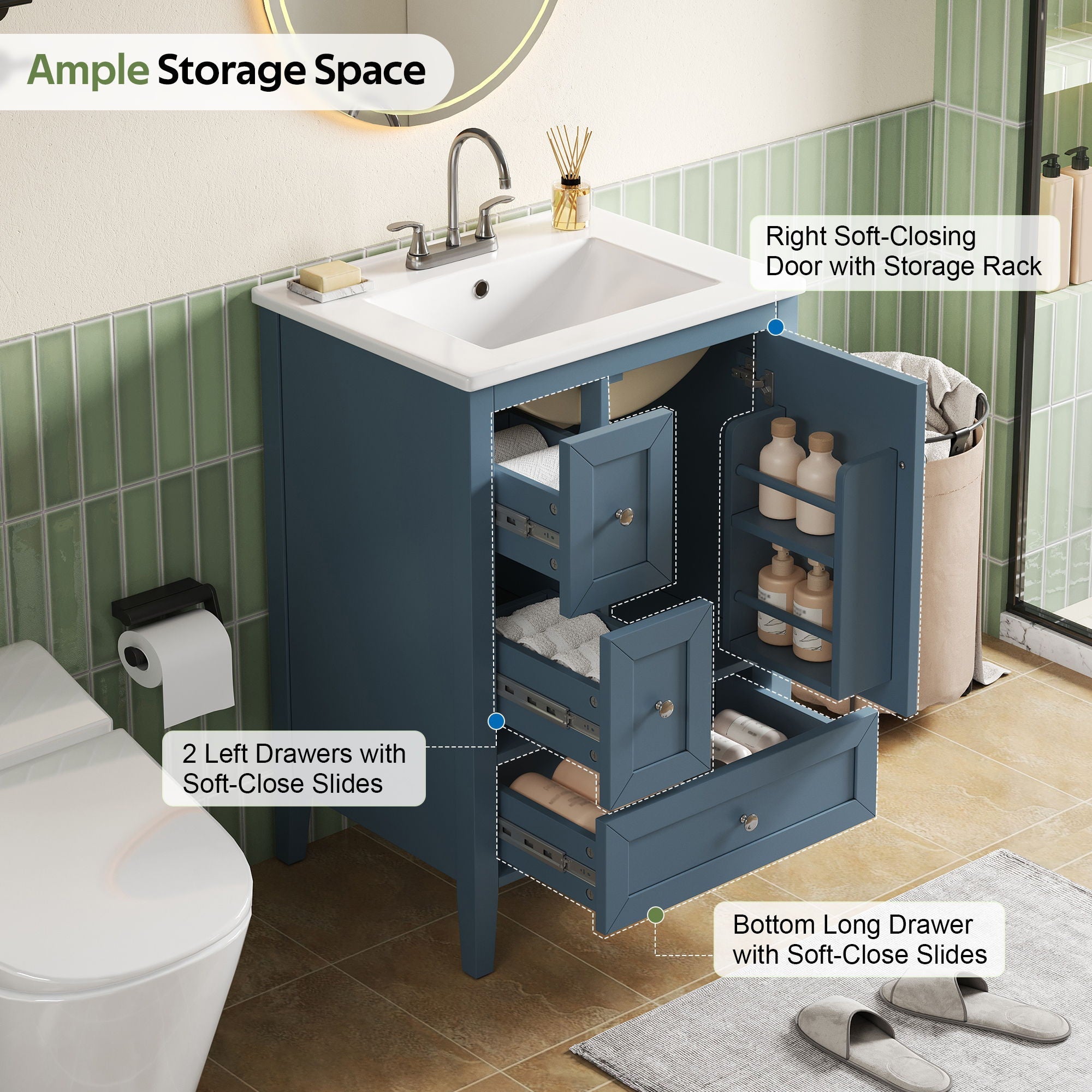 Modern Bathroom Vanity With Sink, Soft Close Drawers & Door, Storage Rack by HouseOfZazla