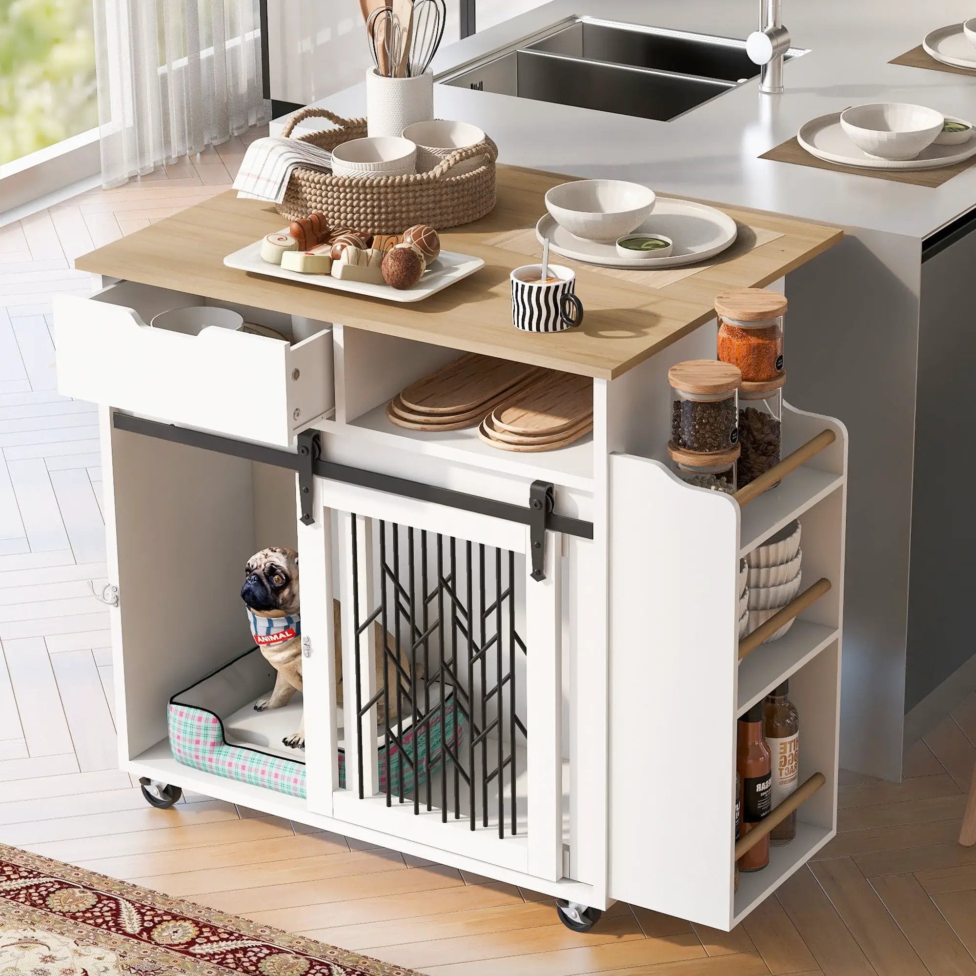 Modern Style 2 In 1 Pet Friendly Dog Crate Kitchen Island End Table Metal Pine - Natural / White by Unique Piece Furniture