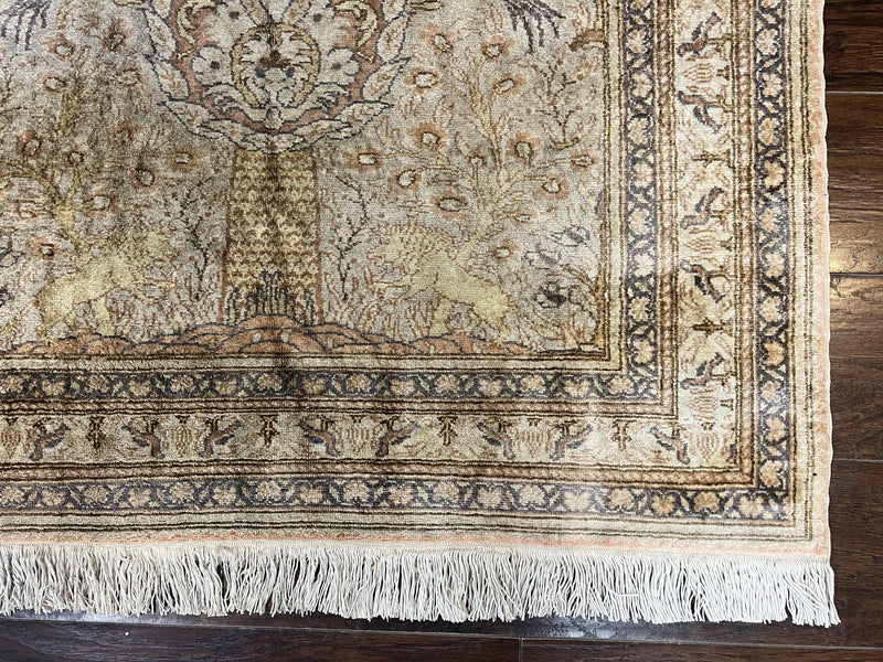 Turkish Kayseri Silk Rug 4x6, Tree of Life Pattern, Vintage Handmade Hand Knotted Carpet, Animal Pictorials, Birds by Jewel Rugs