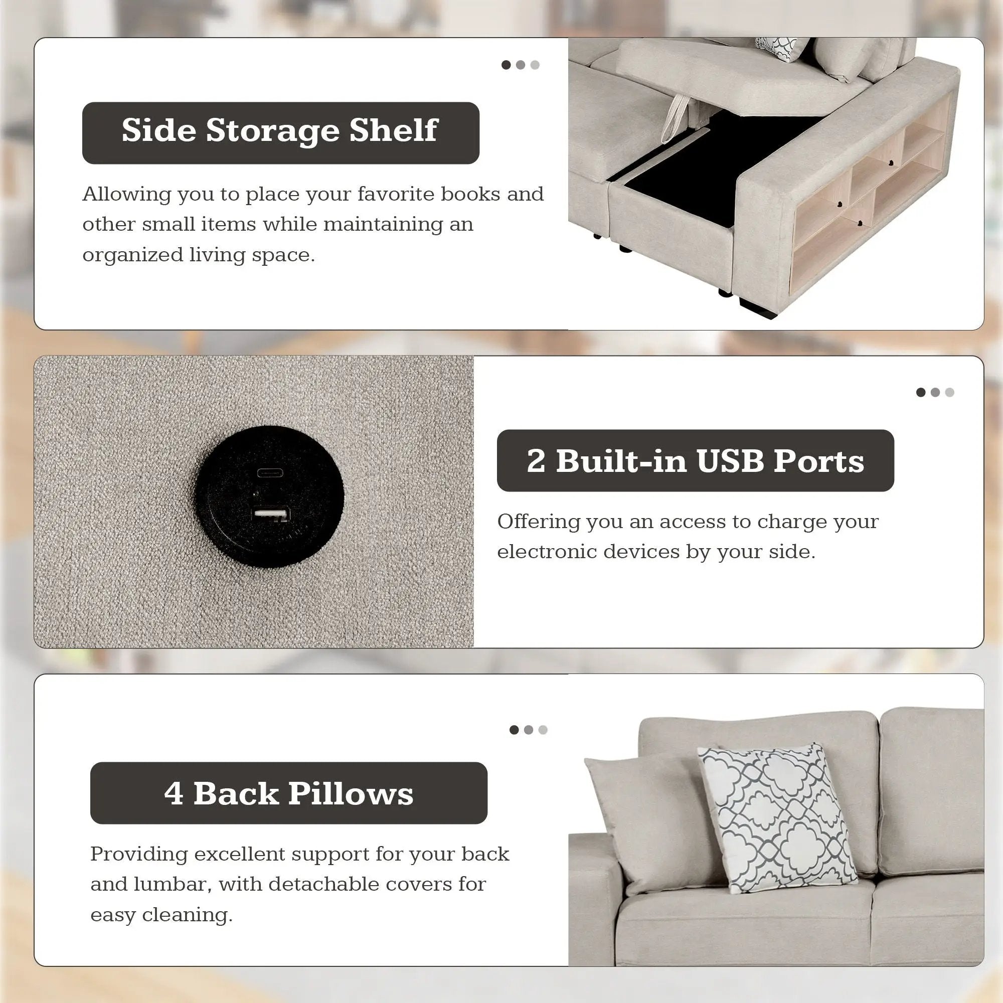 U-Shaped Sectional Sofa Pull-Out Sofa Bed With Two USB Ports, A Storage Chaise Lounge And Four Back Pillows For Living Room by HouseOfZazla