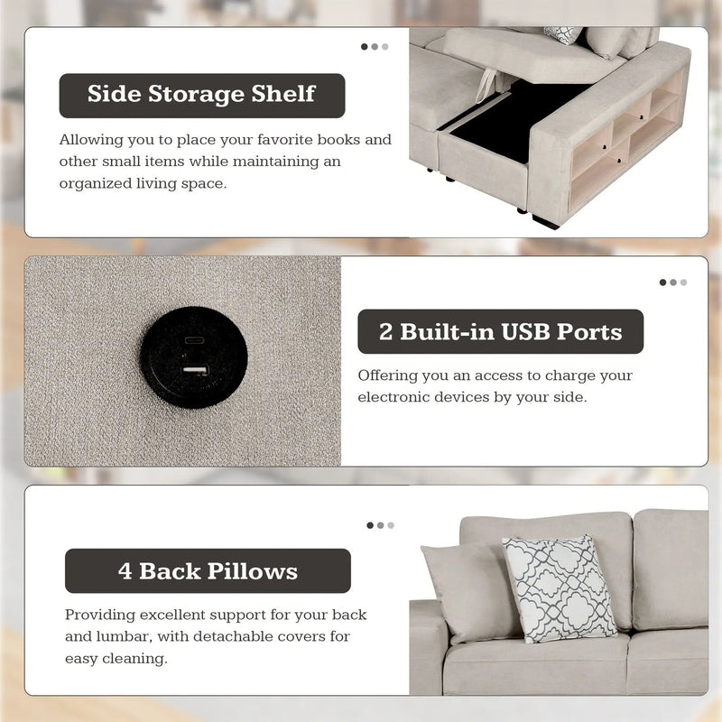 U-Shaped Sectional Sofa Pull-Out Sofa Bed With Two USB Ports, A Storage Chaise Lounge And Four Back Pillows For Living Room by HouseOfZazla