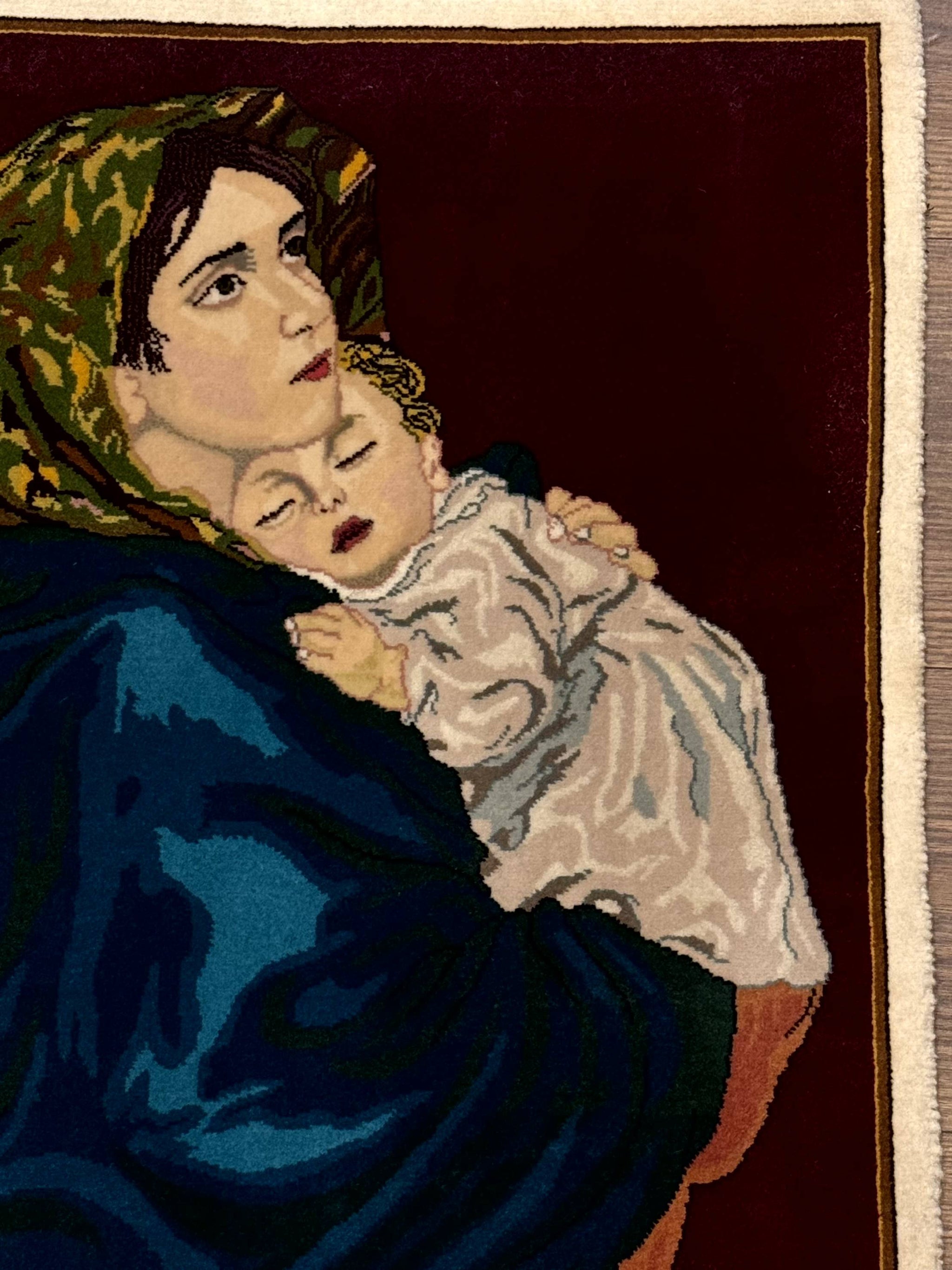 Small Persian Tabriz Pictorial Rug 2x2, Mother Holding Child, Very Fine 340 KPSI, Maroon by Jewel Rugs
