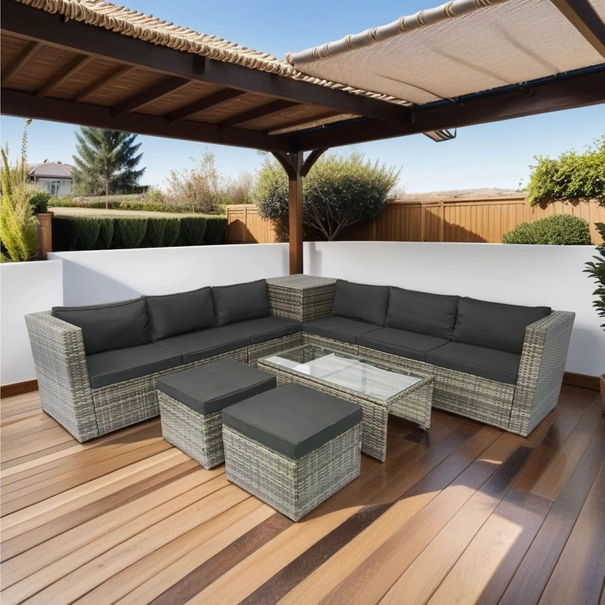 8 Piece Patio Sectional Wicker Rattan Outdoor Furniture Sof Set With One Storage Box Under Seat And Cushion Box - Gray / Black by Unique Piece Furniture