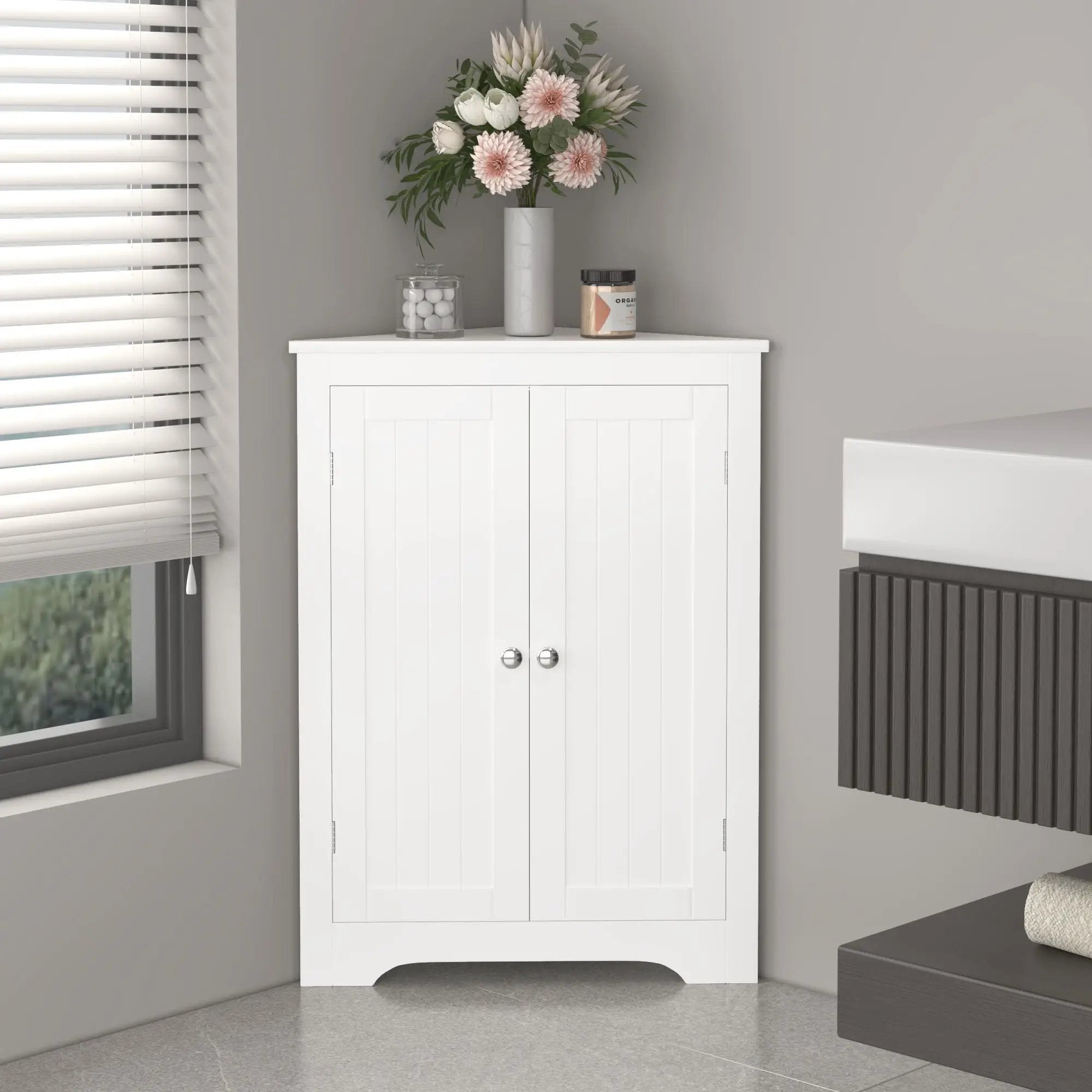 Corner Cabinet With 2 Doors And Adjustable Shelves, Freestanding Narrow Storage Organizer For Bathroom - White by HouseOfZazla