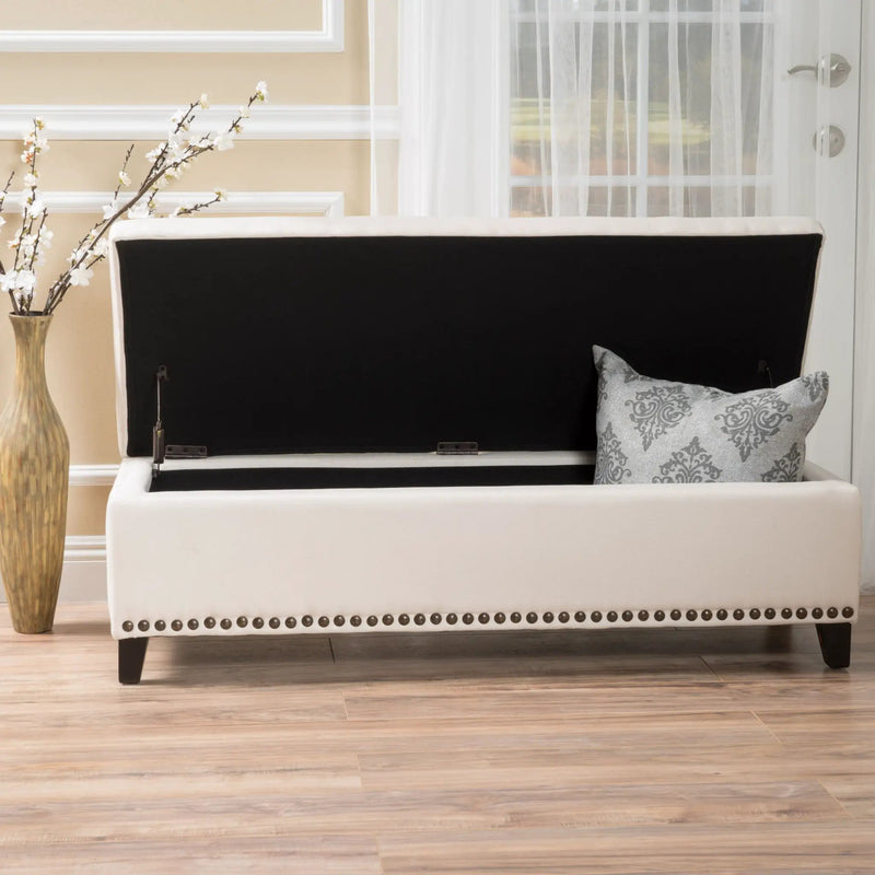 Upholstered Storage Ottoman With Nailhead Trim - Beige by HouseOfZazla