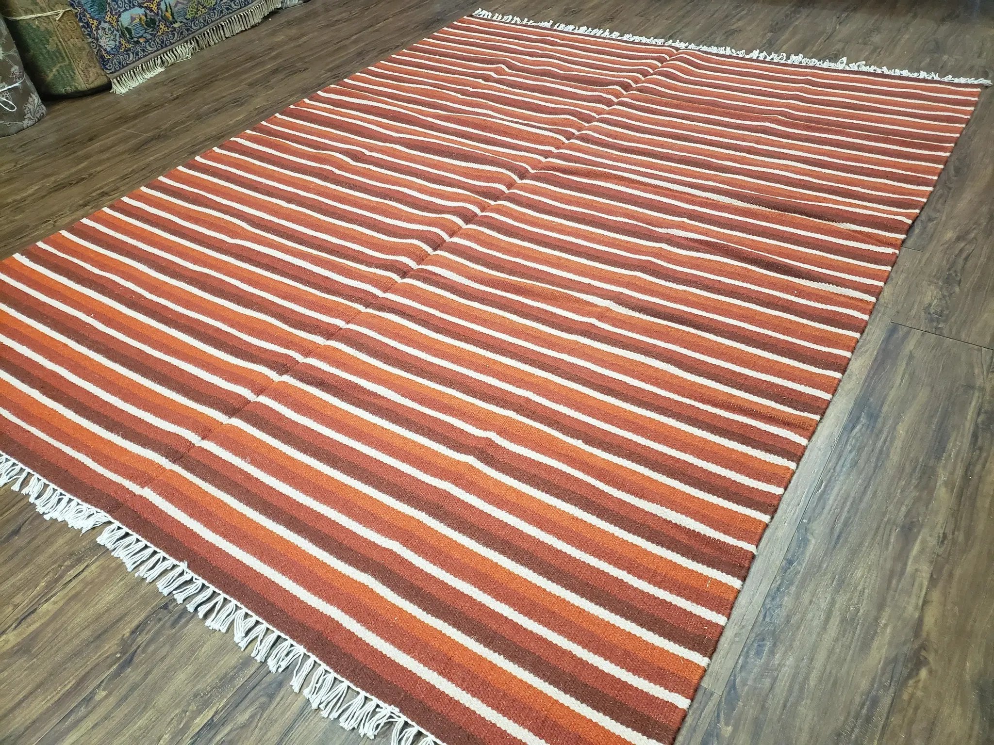 Large Striped Woolen Handmade Throw Blanket, Twin Size Bedding Hand-Woven, Indian Kilim Area Rug, 6x8 - 7x8, South American Style Textile by Jewel Rugs