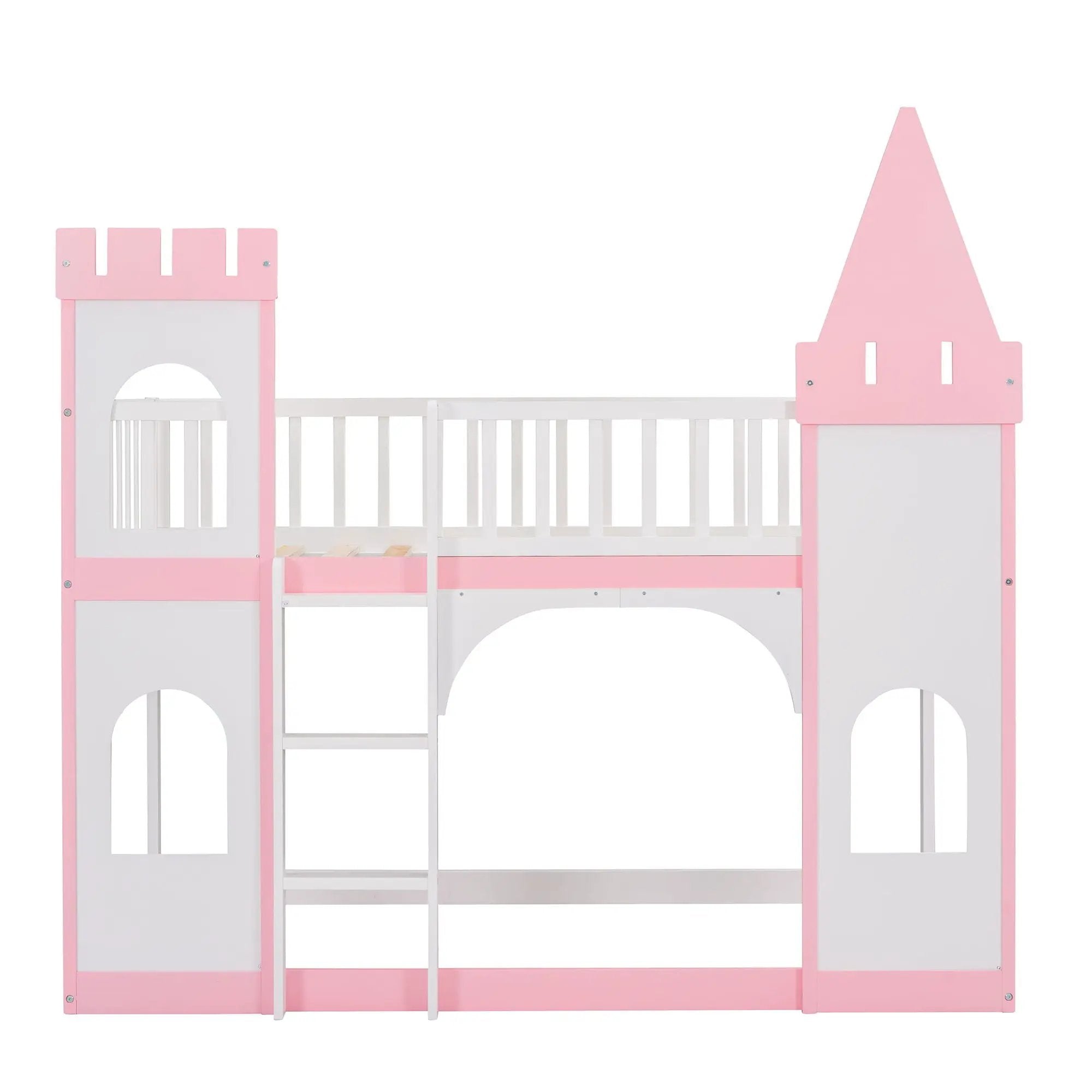 Twin Over Twin Castle Bunk Bed With Ladder - Pink by HouseOfZazla