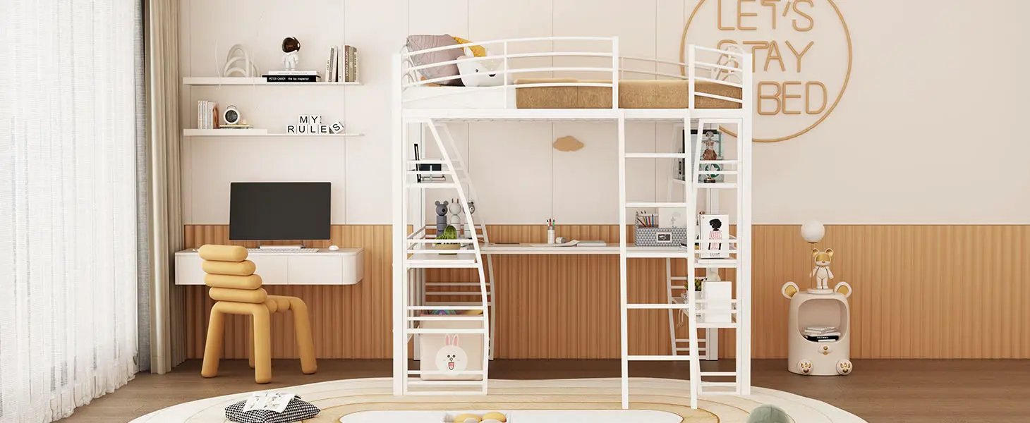 Loft Bed With 4 Layers Of Shelves And L-Shaped Desk, Stylish Metal Frame Bed With A Set Of Sockets, USB Ports And And Wireless Charging by HouseOfZazla