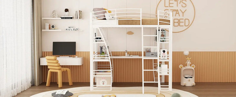 Loft Bed With 4 Layers Of Shelves And L-Shaped Desk, Stylish Metal Frame Bed With A Set Of Sockets, USB Ports And And Wireless Charging by HouseOfZazla