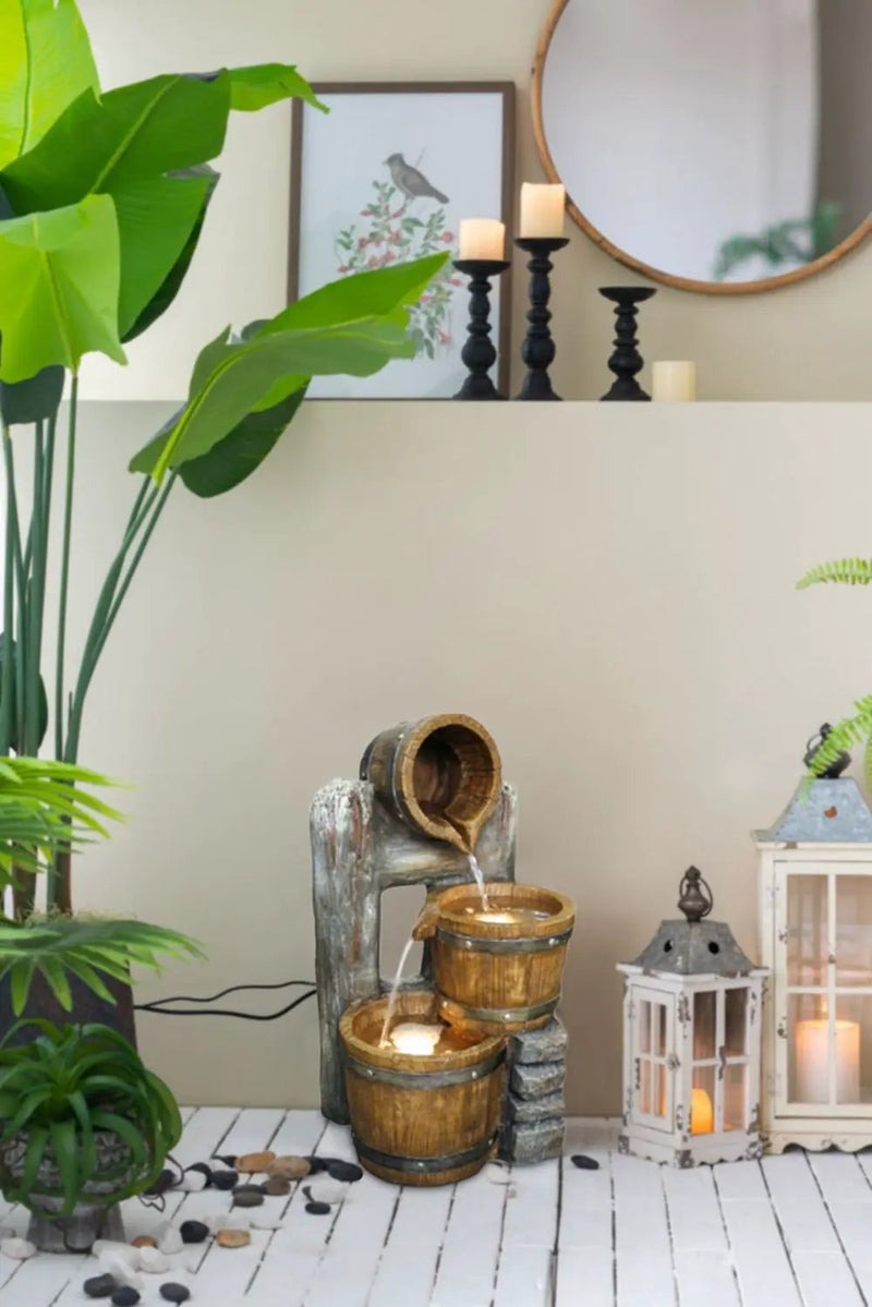 Decorative 3 Tier Bucket Fountain With Lights And Pump - Brown by Unique Piece Furniture