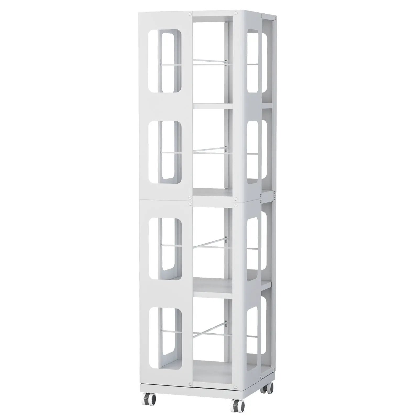 4 Tier All Steel Rotating Bookshelf With 360° Wheels, Large Size Sturdy & Spacious Book Rack, New Style Bookshelf - White by HouseOfZazla