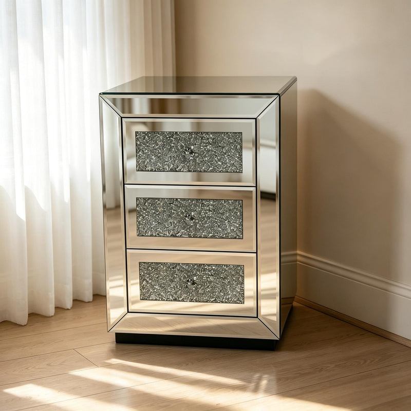 3 Drawer Nightstand With Glass Accents, Bedside Table For Bedroom - Silver by HouseOfZazla