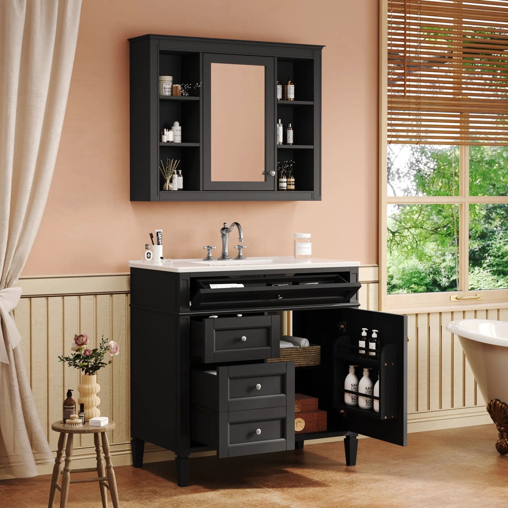 Bathroom Vanity With Mirror Cabinet, Single Sink With 2 Soft Closing Doors And 4 Drawers by Unique Piece Furniture