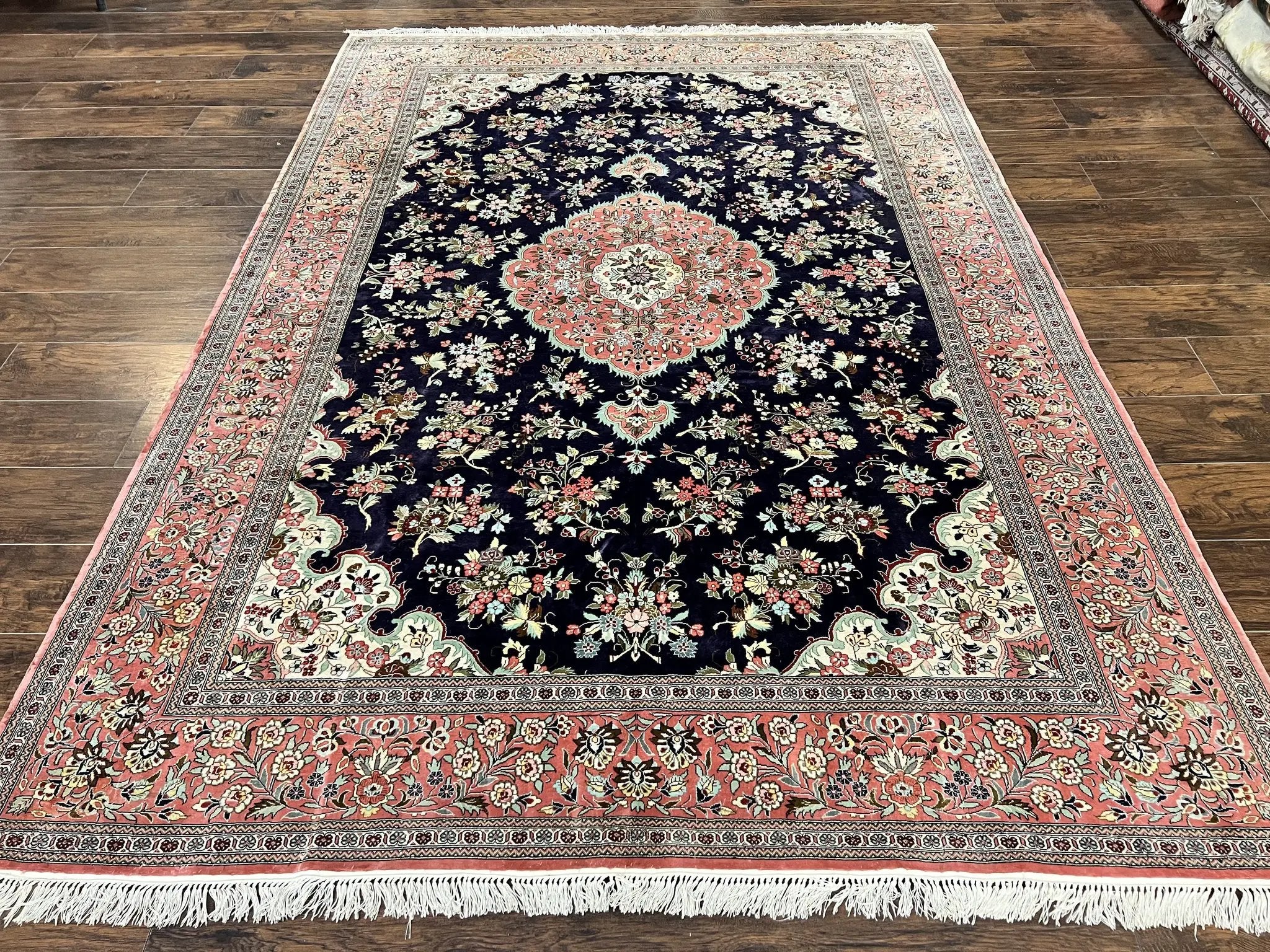 Stunning Silk Persian Qum Rug 7x9, Finely Hand Knotted Navy Blue & Salmon Floral Medallion Authentic Oriental Carpet, Vintage Handmade Silk Ghom Rug, Silk on Silk by Jewel Rugs
