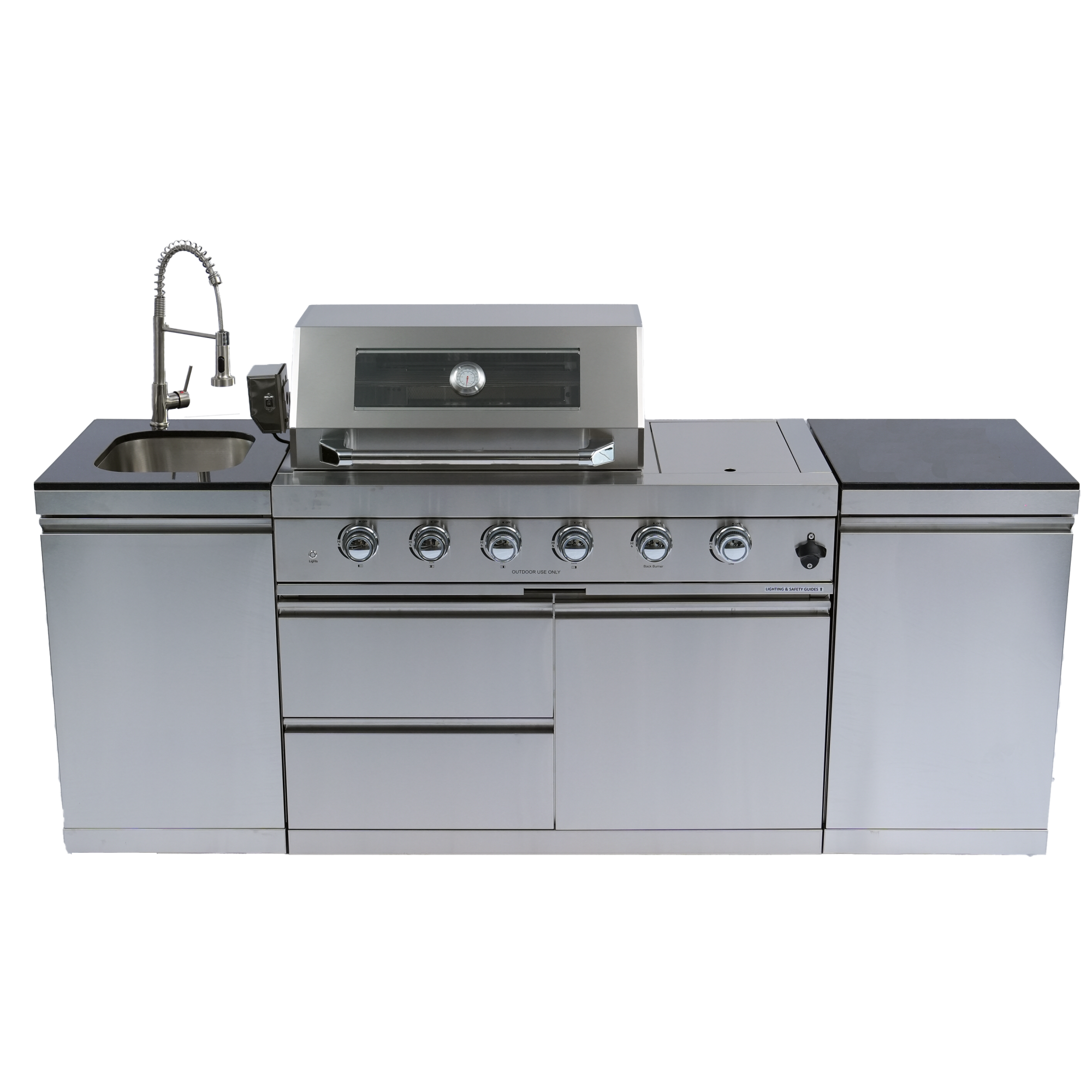 NG 85" 4-Burner 72,000 BTU Silver Outdoor Kitchen Island Grill + Side B & Storage Cabinets & Sink by Chery Industrial