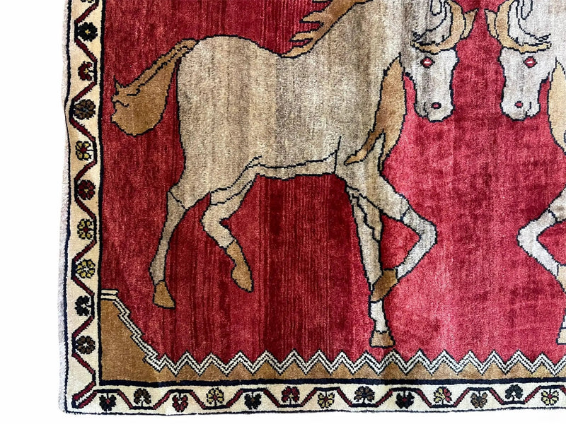 4 X 6 Handmade Hand-Knotted New Vintage Rug Wool Horses Red Organic Dyes Tribal by Jewel Rugs