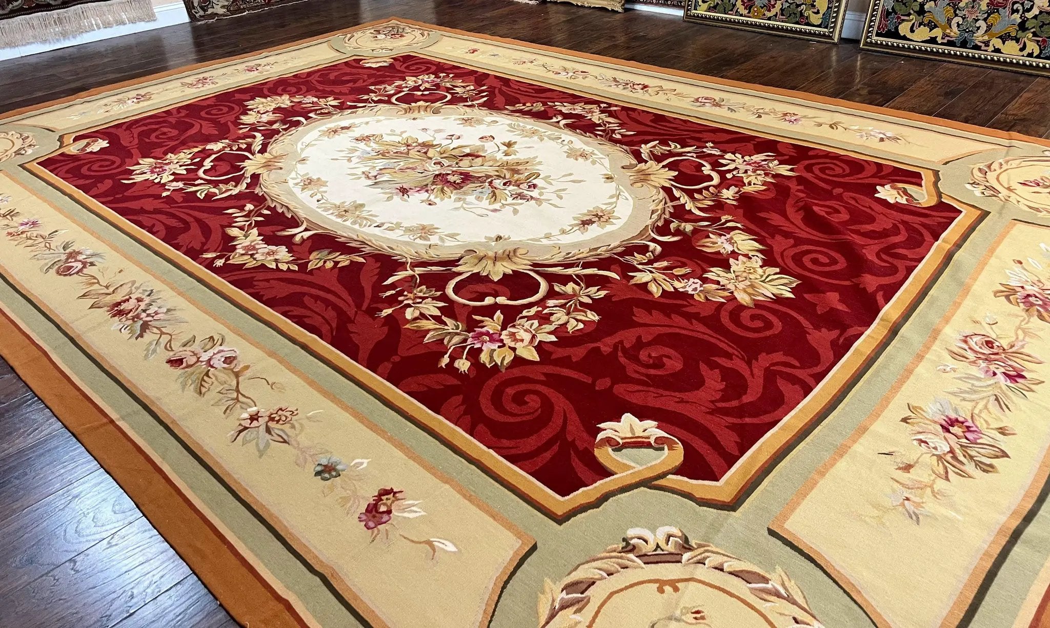 Large Aubusson Rug 10x14, Wool Handmade Vintage Carpet, Dark Red Ivory Tan, French European Elegant Aubusson Weave Rug by Jewel Rugs