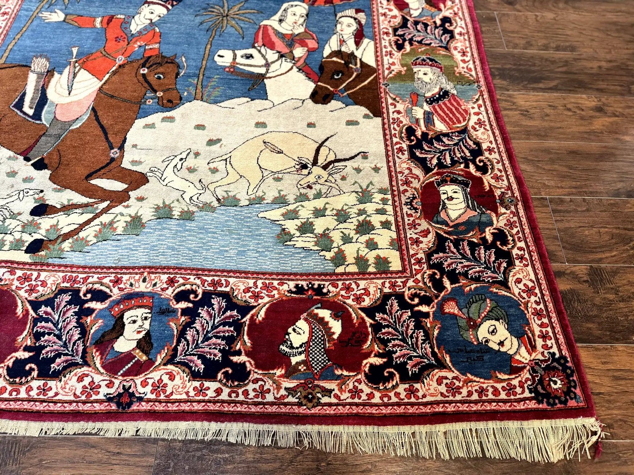 Rare Persian Kashan Pictorial Rug 6x9, King Bahram Hunting Scene, Persian Kings, Hand Knotted Persian Rug for Wall Hanging, Antique, Wool by Jewel Rugs