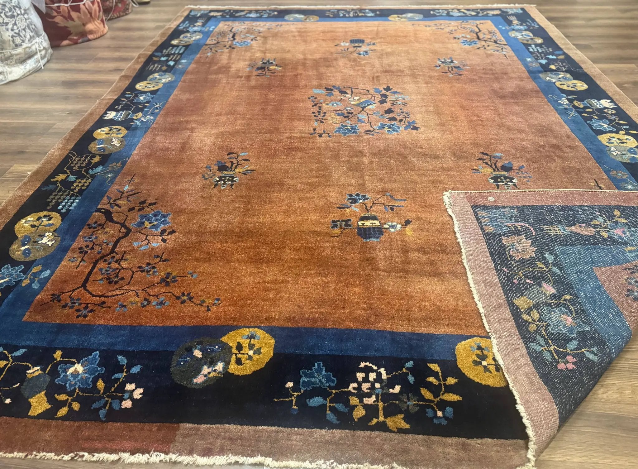 Antique Chinese Wool Rug 9x12, Light Brown and Navy Blue, Fete Peking Art Deco by Jewel Rugs
