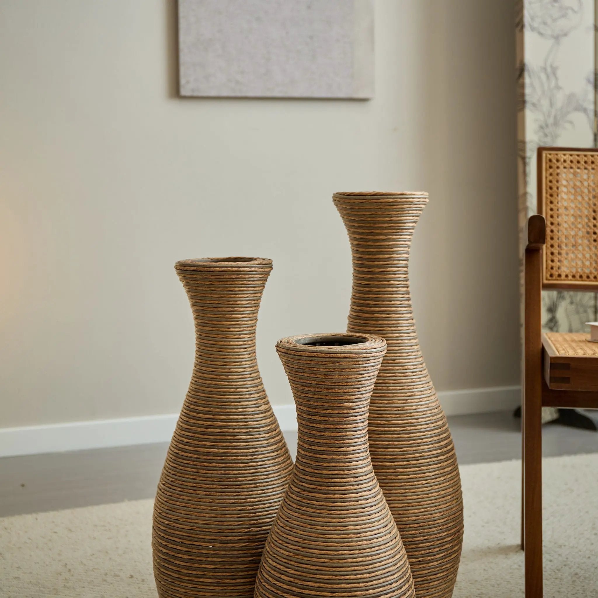 3 Piece Artificial Rattan Floor Vase Set Decorative Accent For Living Room, Hallway & Entryway, Ideal For Dried Or Silk Flower Arrangements - Beige by HouseOfZazla