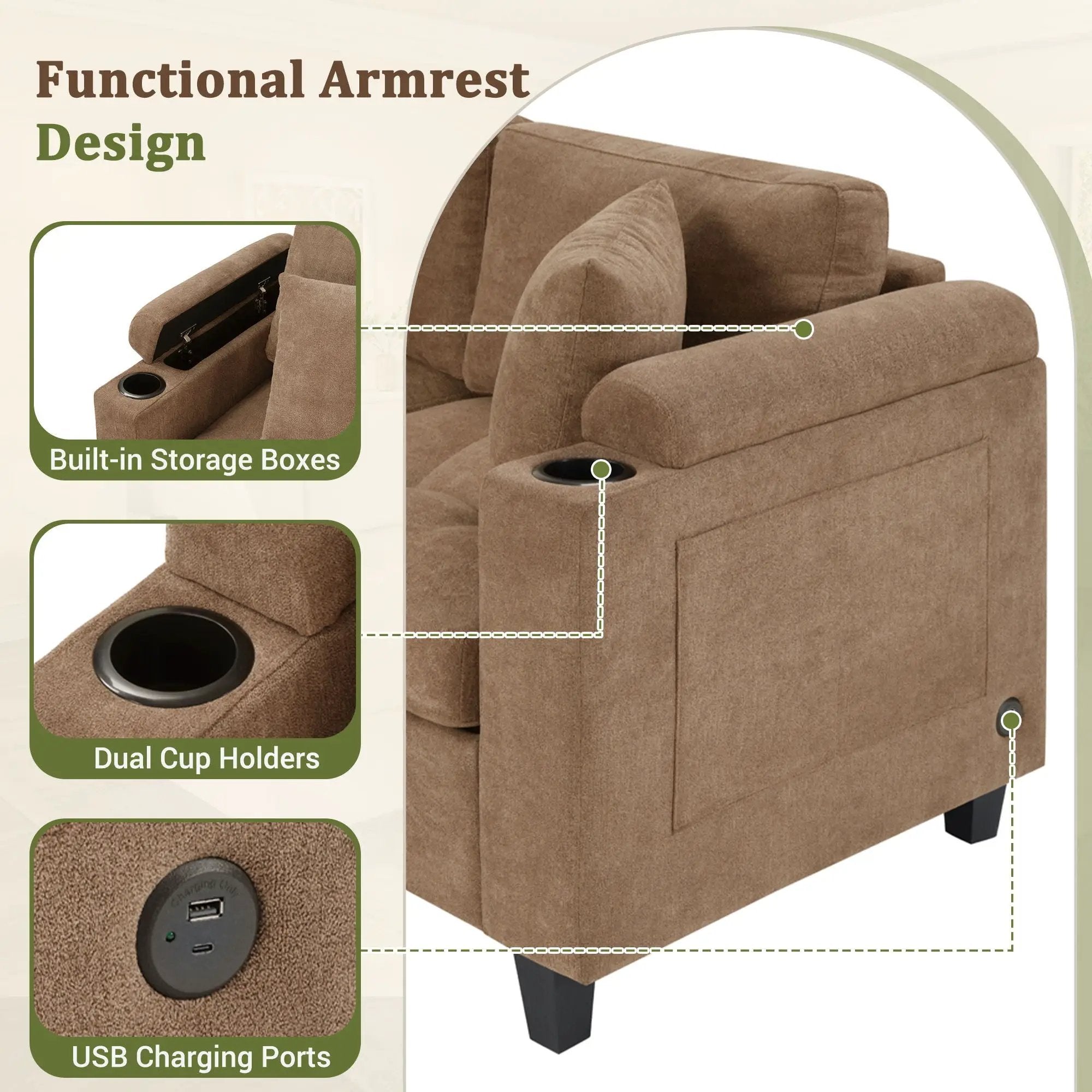 U Shaped Sectional Sofa, Corner Living Room Couch With Built In Cup Holders, Storage, USB Ports by HouseOfZazla
