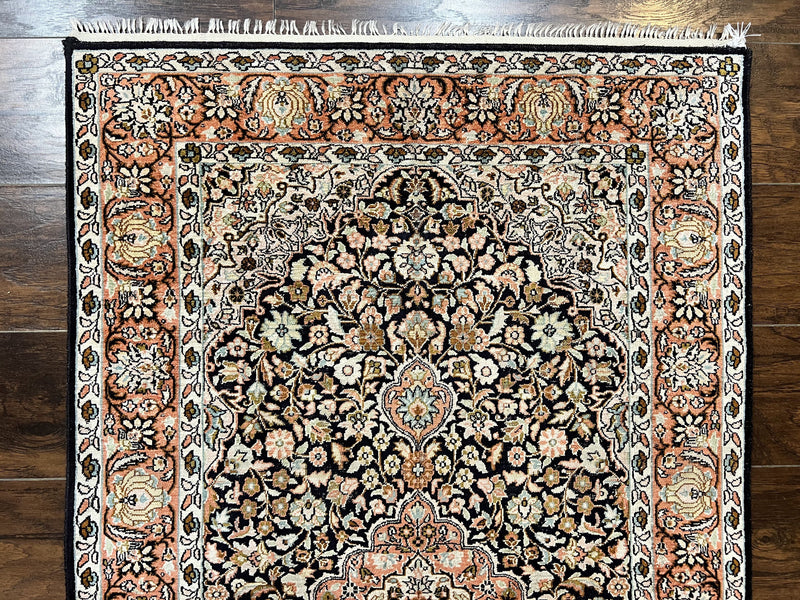 Silk Indian Kashmiri Rug 3x5, Indo Persian Silk on Silk Carpet, Very Fine 350 KPSI, Navy Blue, Handmade, Floral Medallion by Jewel Rugs